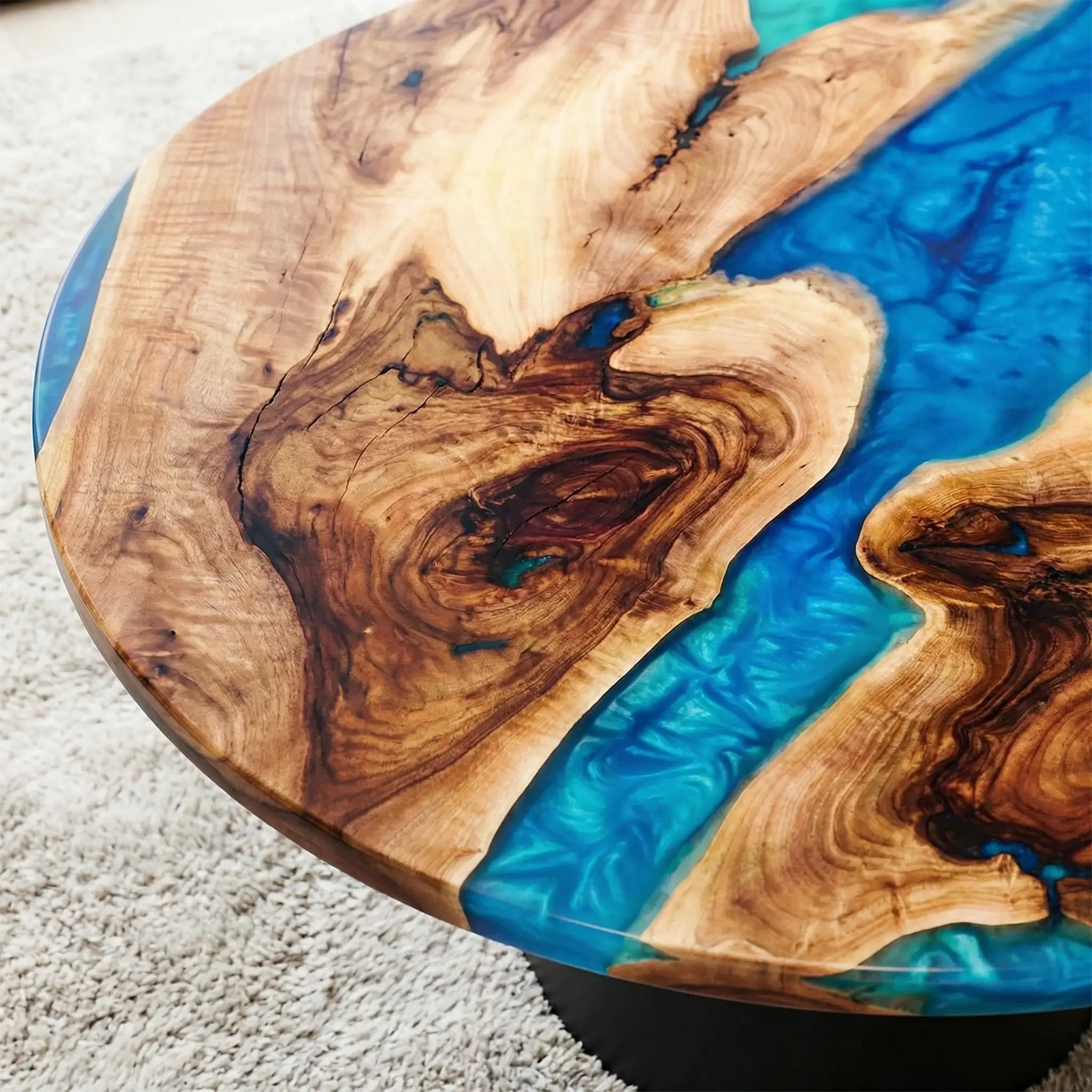 Custom Black Walnut Epoxy Resin Round Coffee Table Blue Green Waves