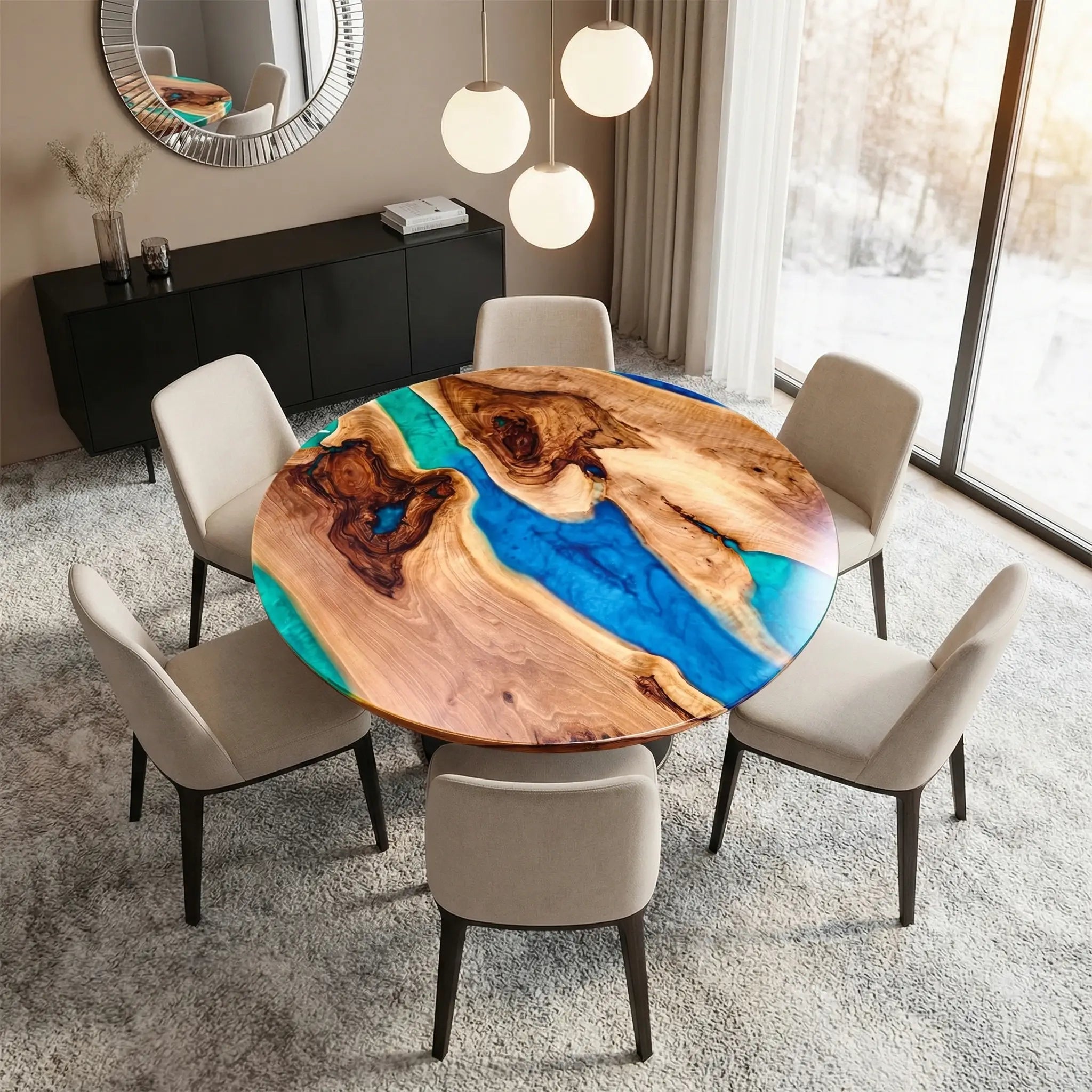 Custom Black Walnut Epoxy Resin Round Coffee Table Blue Green Waves