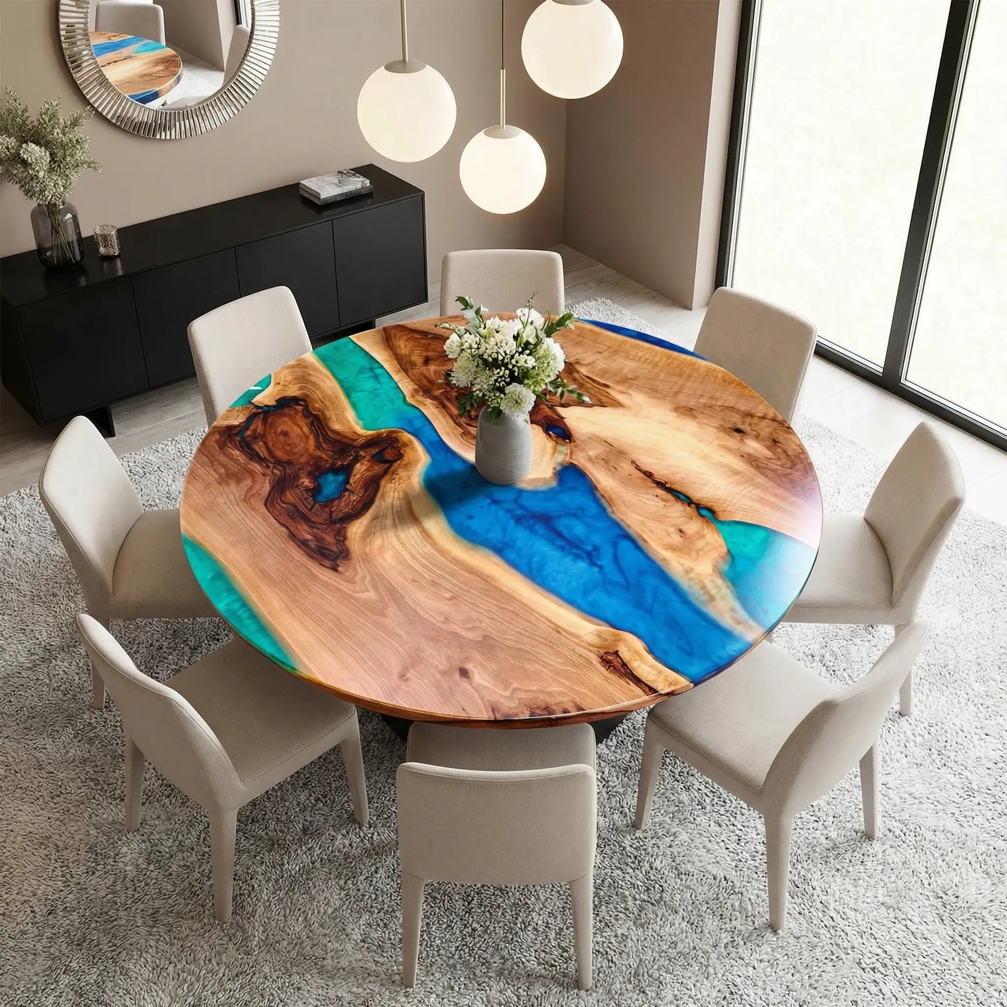 Custom Black Walnut Epoxy Resin Round Coffee Table Blue Green Waves