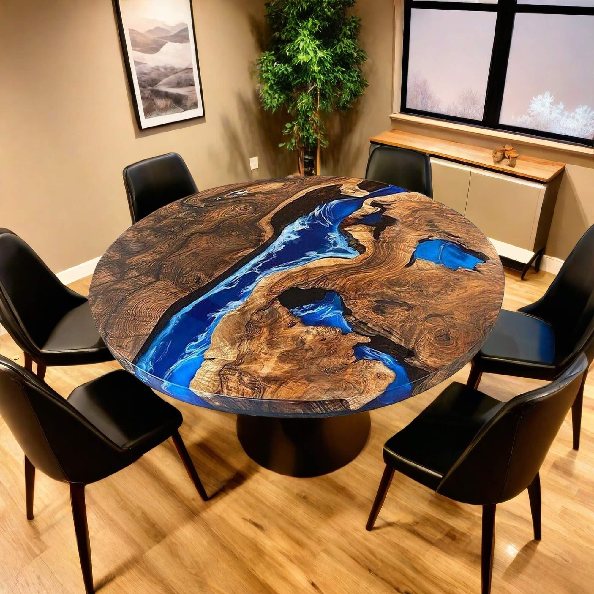 Custom Black Walnut Epoxy Resin Round Coffee Table Blue Resin
