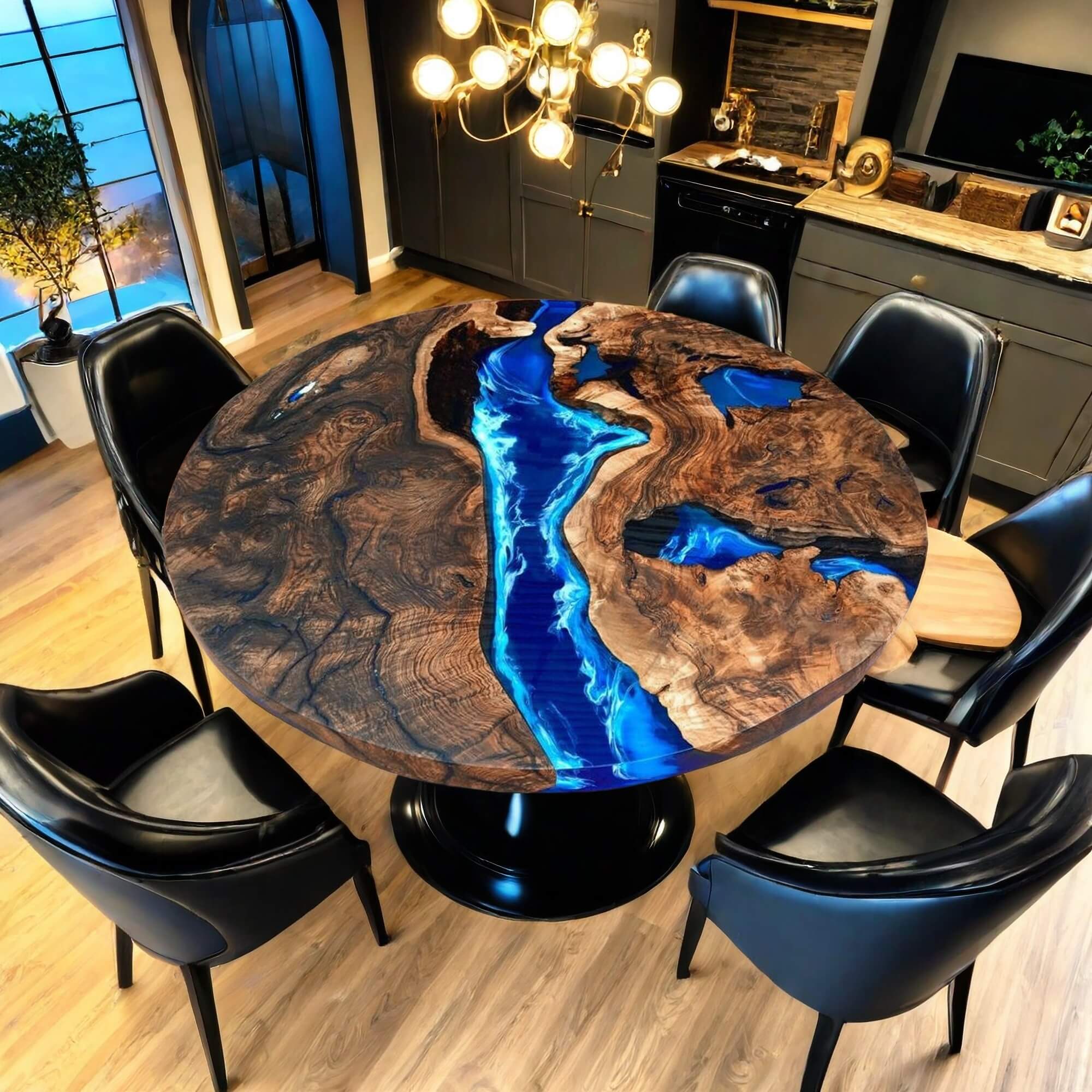 Custom Black Walnut Epoxy Resin Round Coffee Table Blue Resin