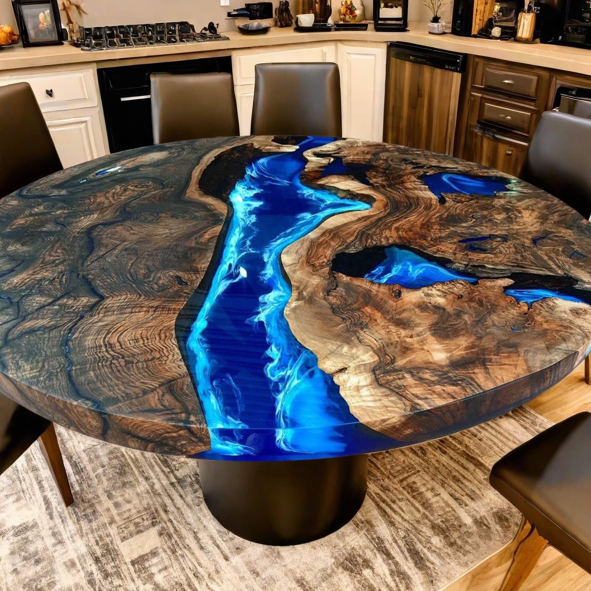 Custom Black Walnut Epoxy Resin Round Coffee Table Blue Resin