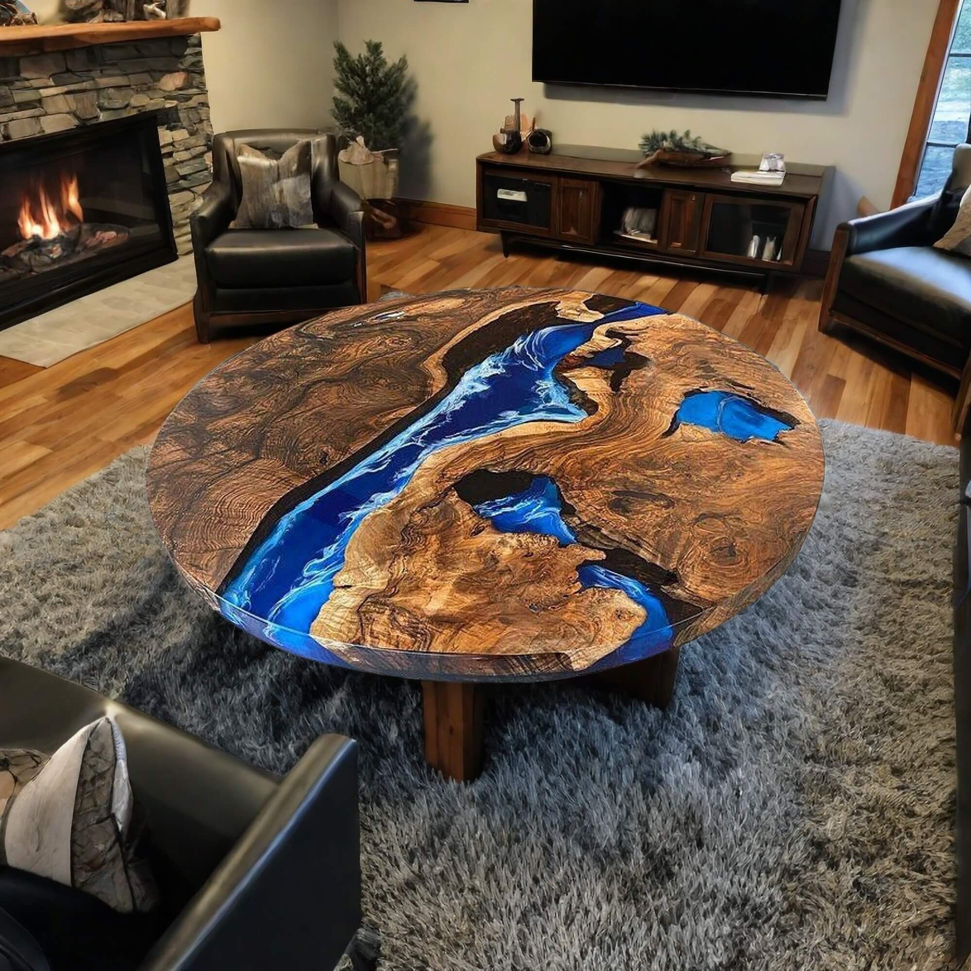 Custom Black Walnut Epoxy Resin Round Coffee Table Blue Resin