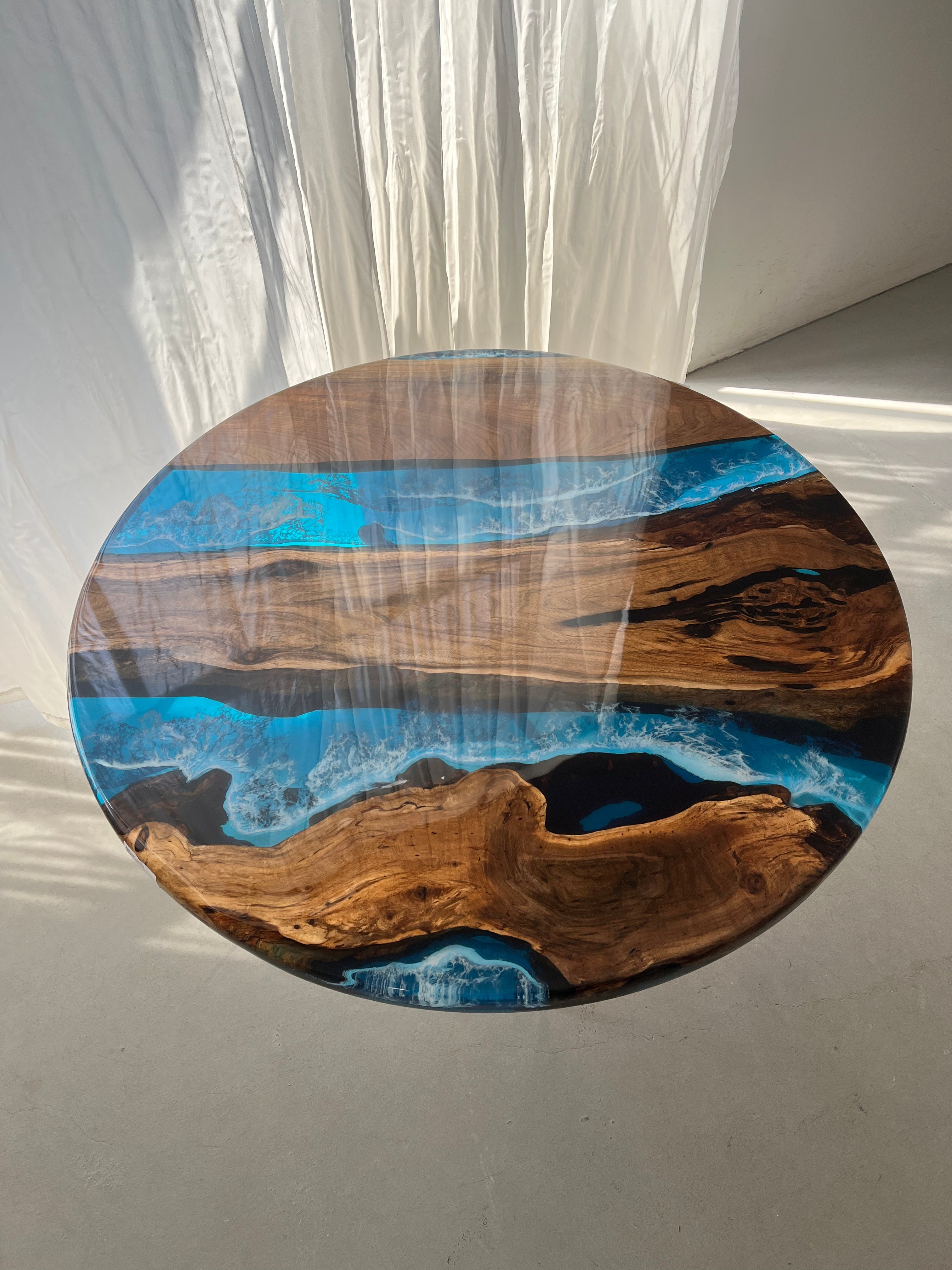 Custom Black Walnut Epoxy Resin Round Coffee Table Blue Resin