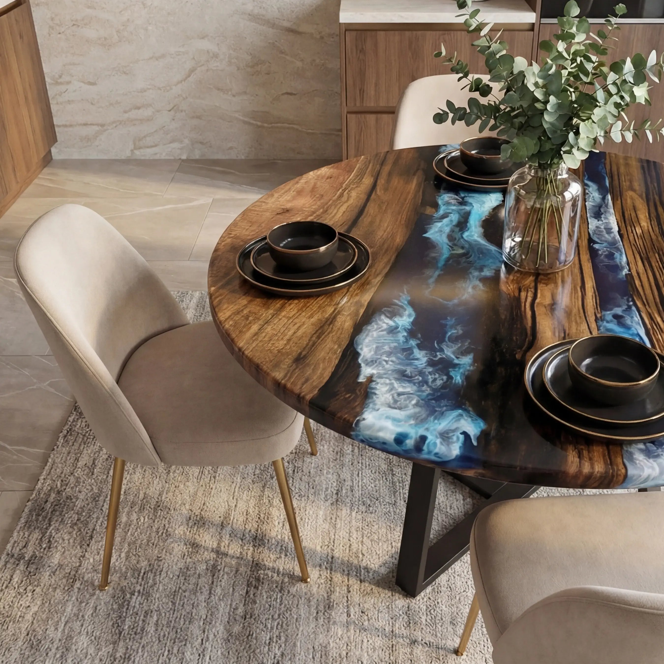 Custom Black Walnut Epoxy Resin Round Coffee Table Blue Resin