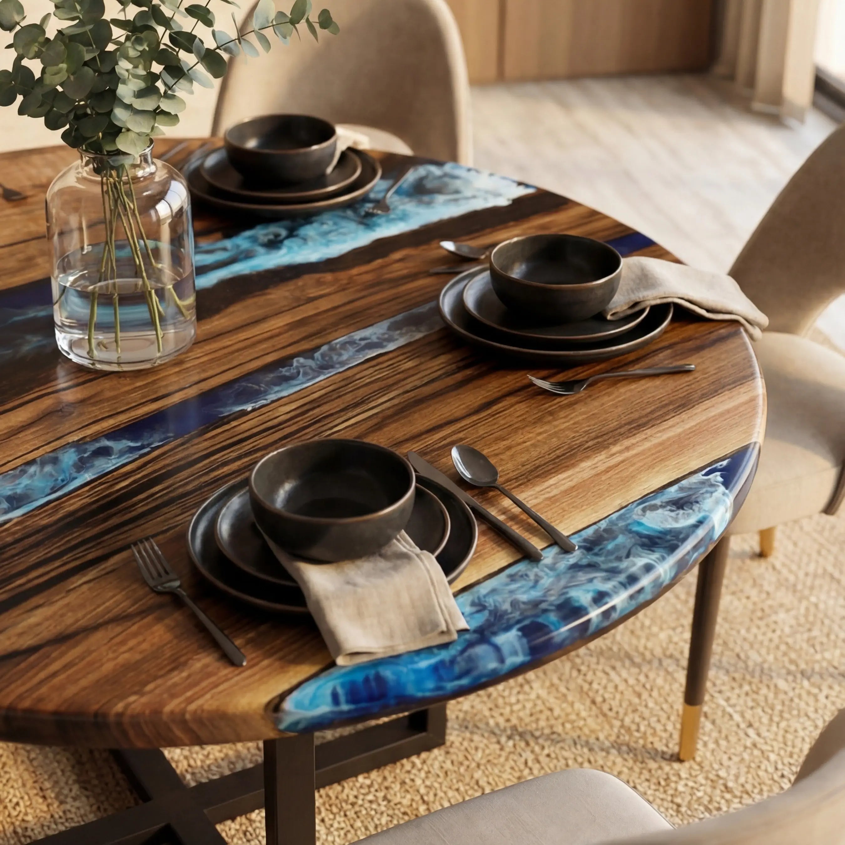 Custom Black Walnut Epoxy Resin Round Coffee Table Blue Resin