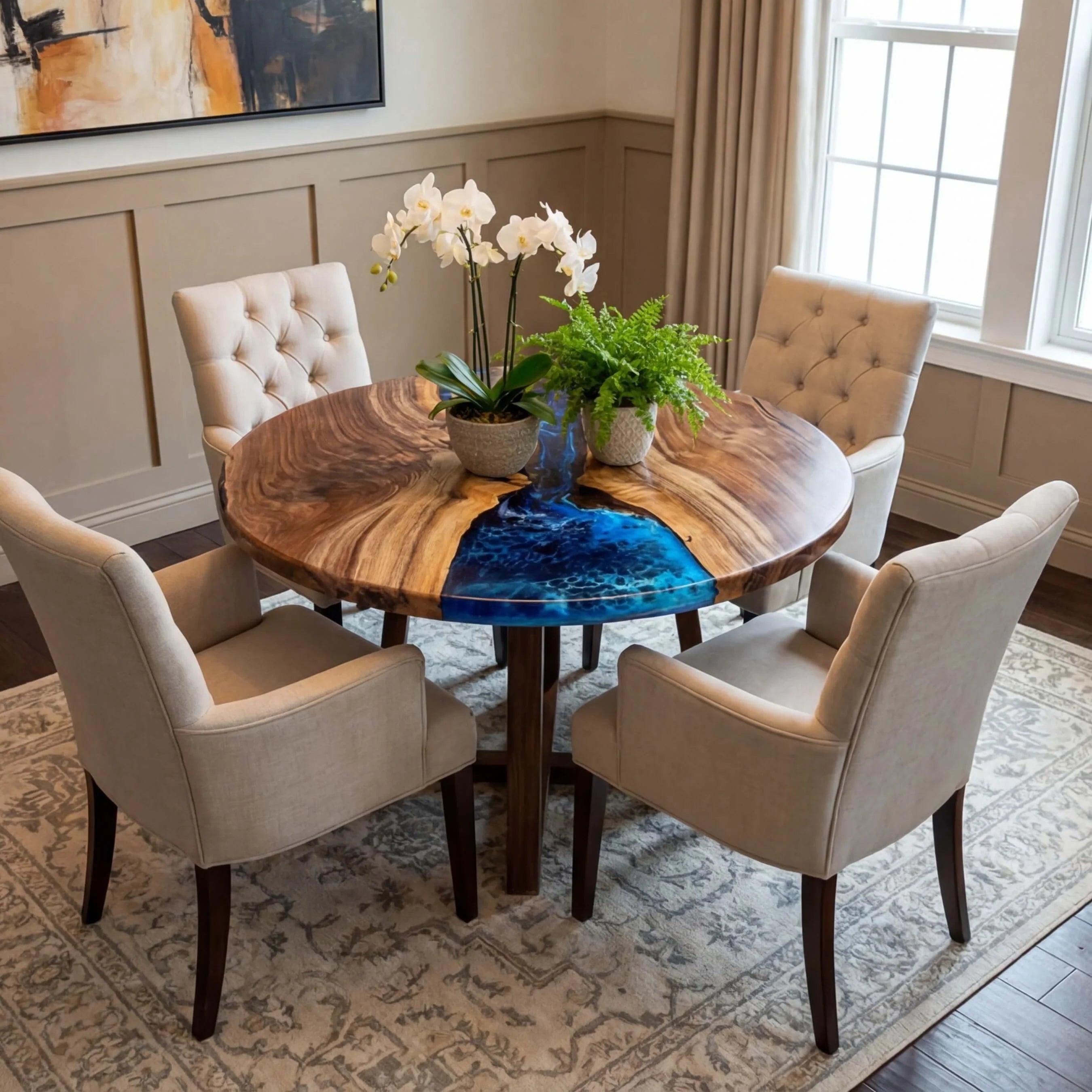Custom Black Walnut Epoxy Resin Round Coffee Table Blue Resin
