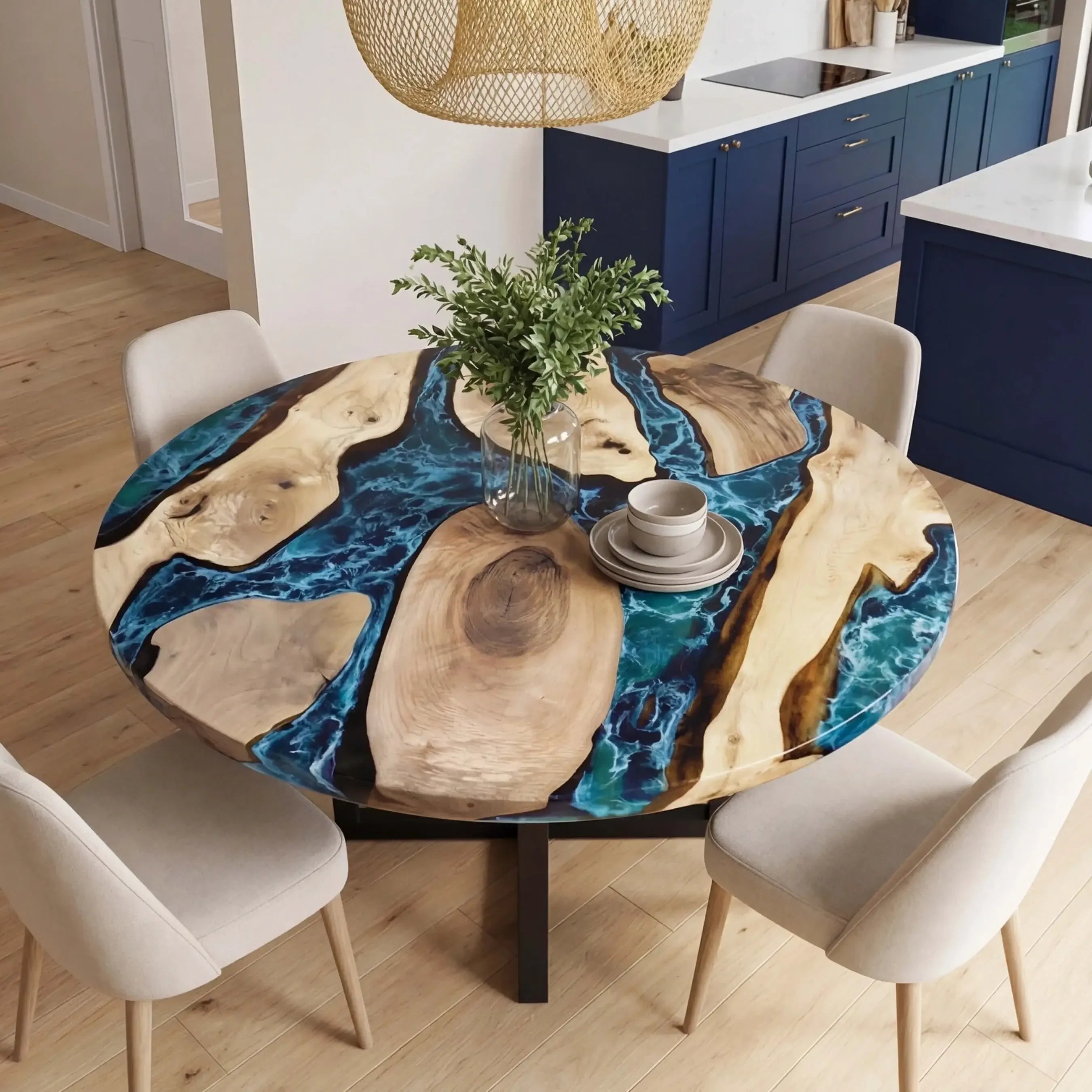 Custom Black Walnut Epoxy Resin Round Coffee Table Blue Resin