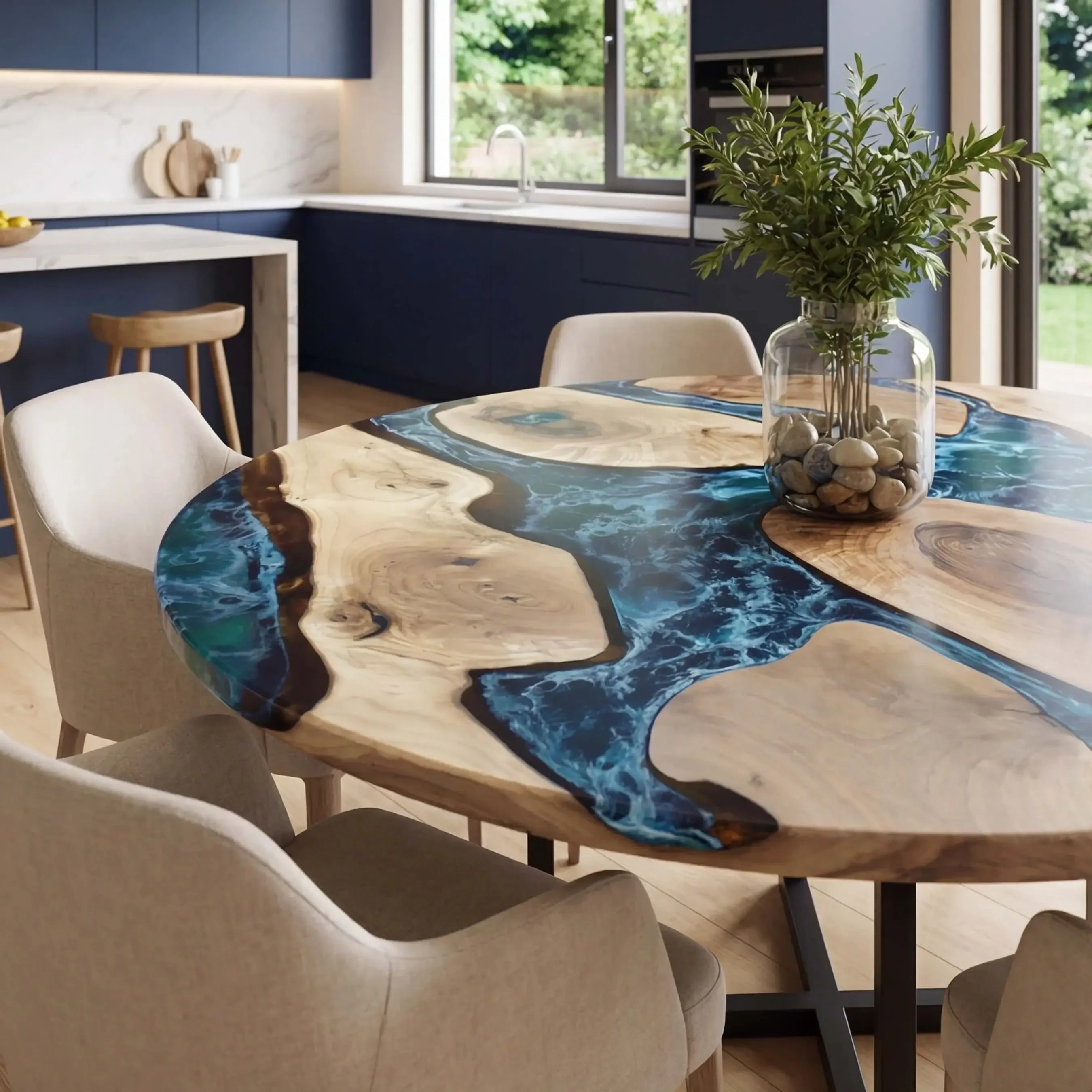 Custom Black Walnut Epoxy Resin Round Coffee Table Blue Resin