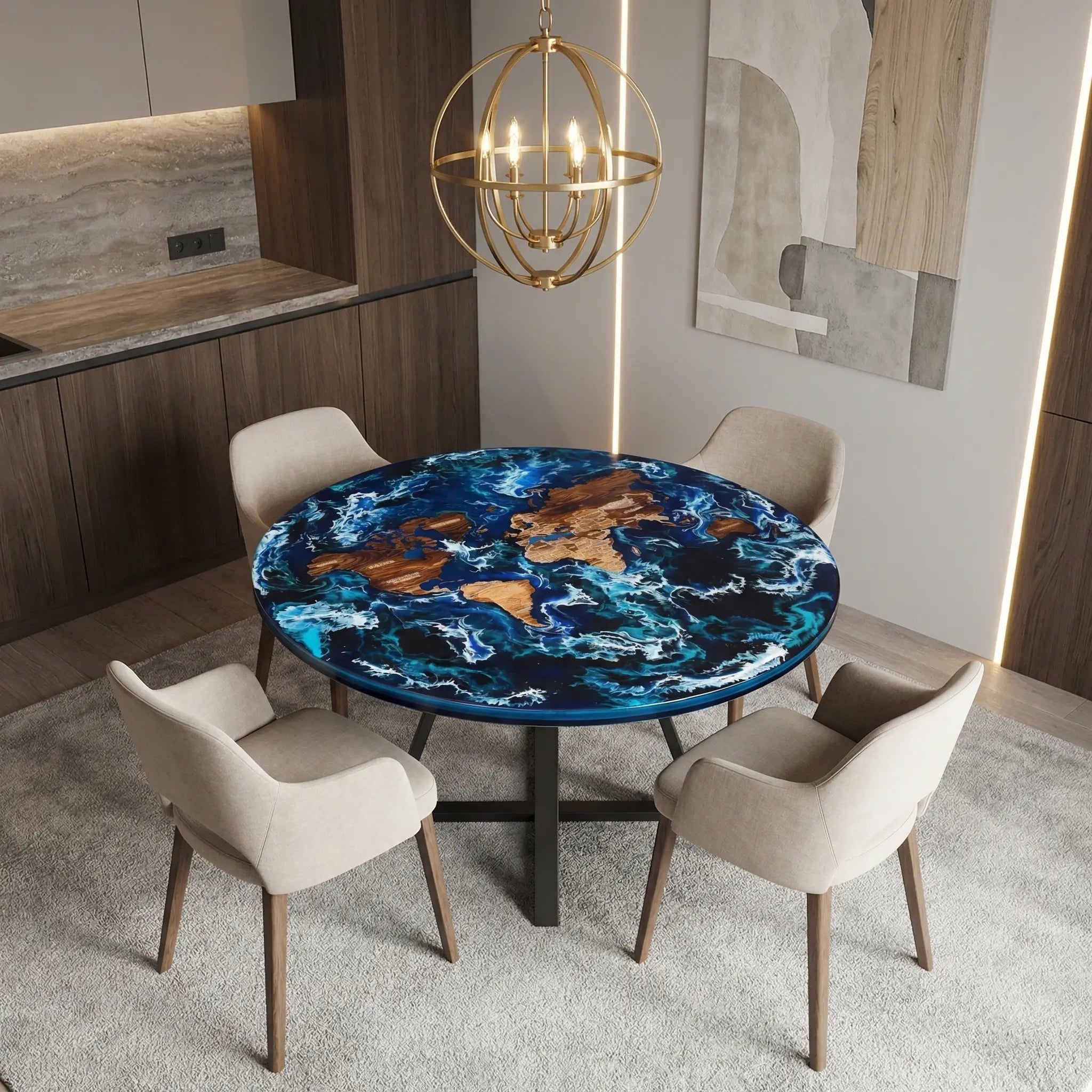 Custom Black Walnut Epoxy Resin Round Coffee Table Blue Waves