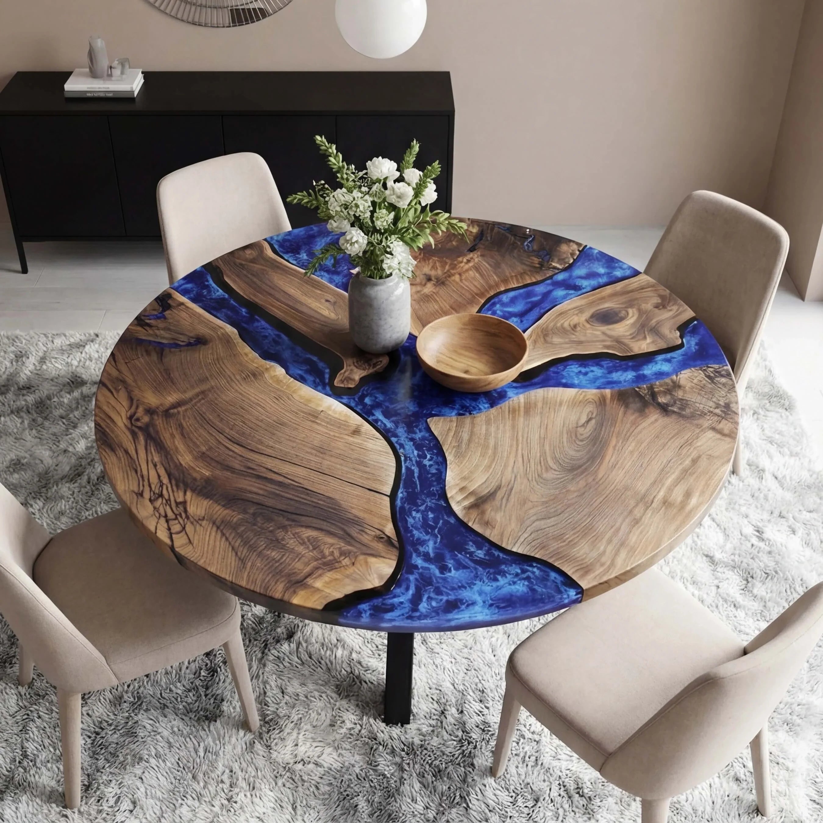Custom Black Walnut Epoxy Resin Round Coffee Table Blue Waves