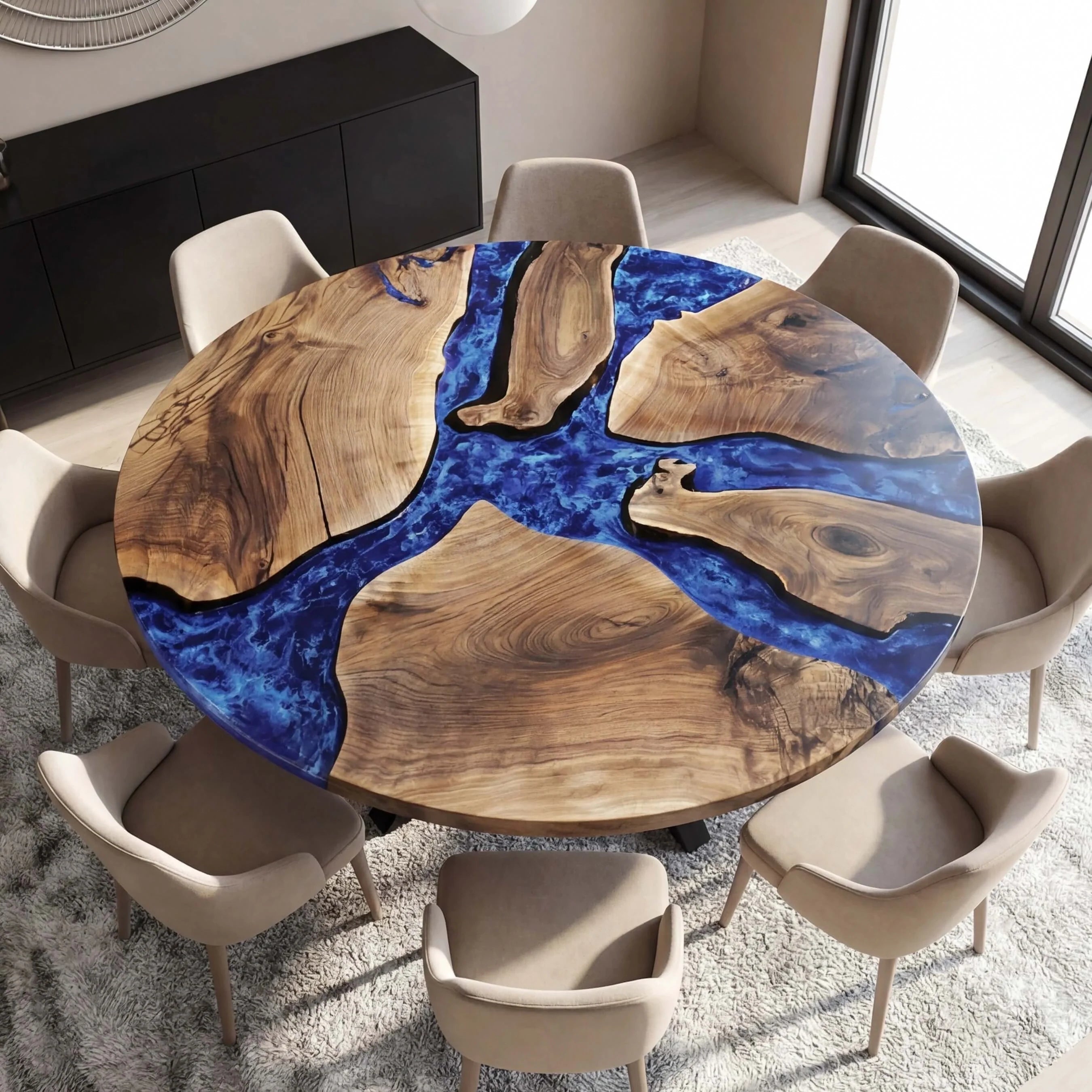 Custom Black Walnut Epoxy Resin Round Coffee Table Blue Waves