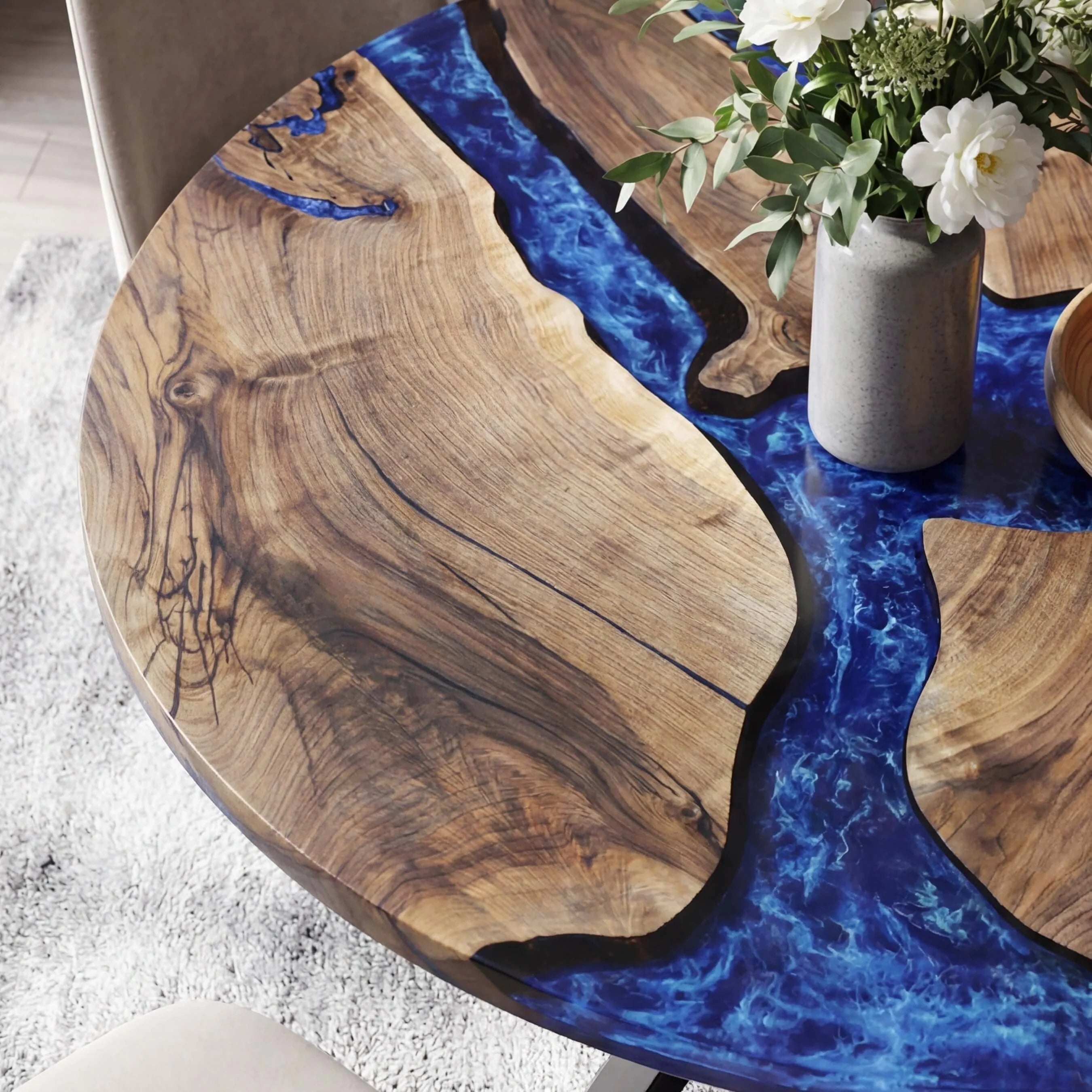 Custom Black Walnut Epoxy Resin Round Coffee Table Blue Waves