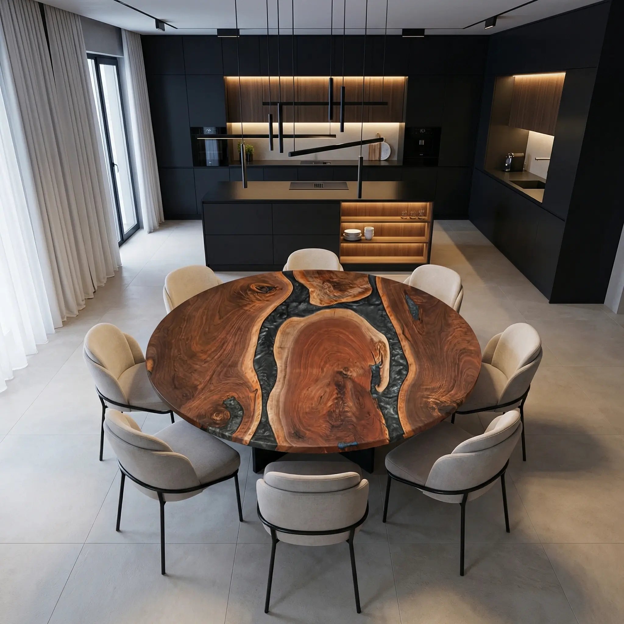 Custom Black Walnut Epoxy Resin Round Coffee Table Grey Resin