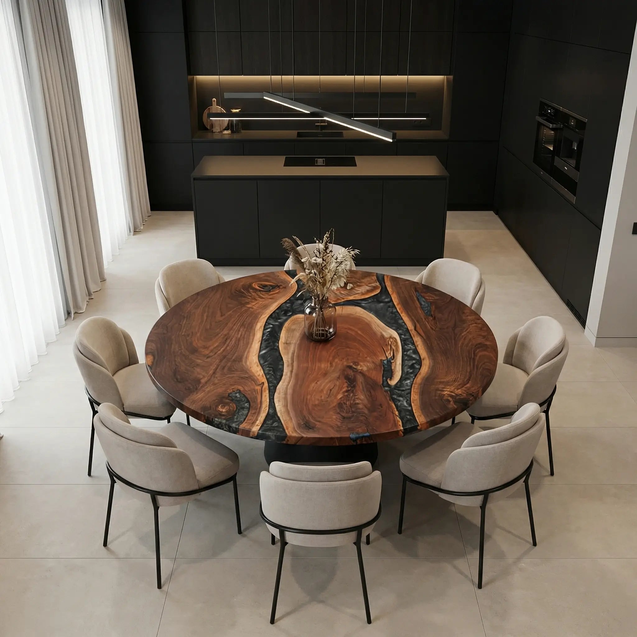 Custom Black Walnut Epoxy Resin Round Coffee Table Grey Resin