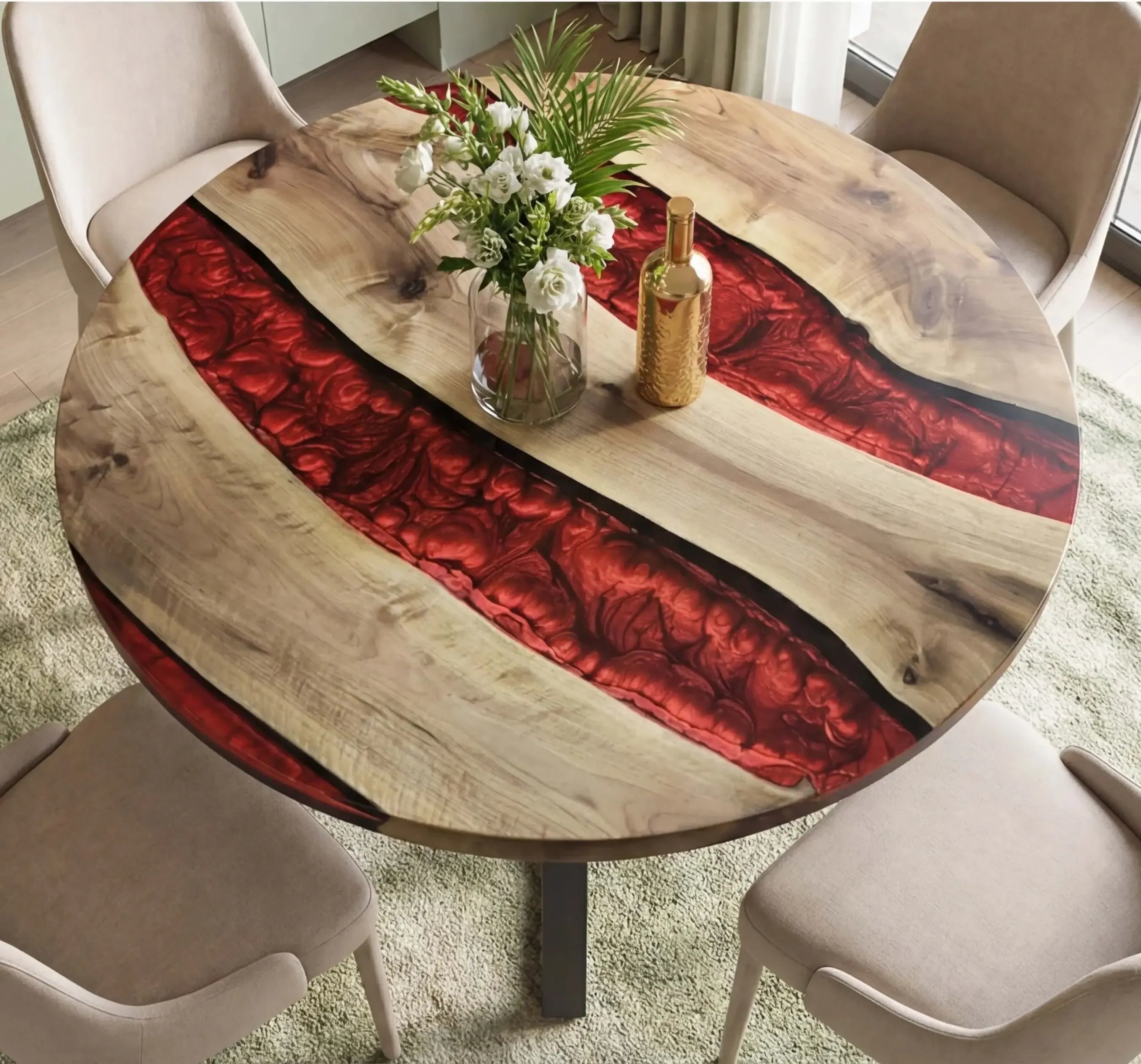 Custom Black Walnut Epoxy Resin Round Coffee Table Red Resin