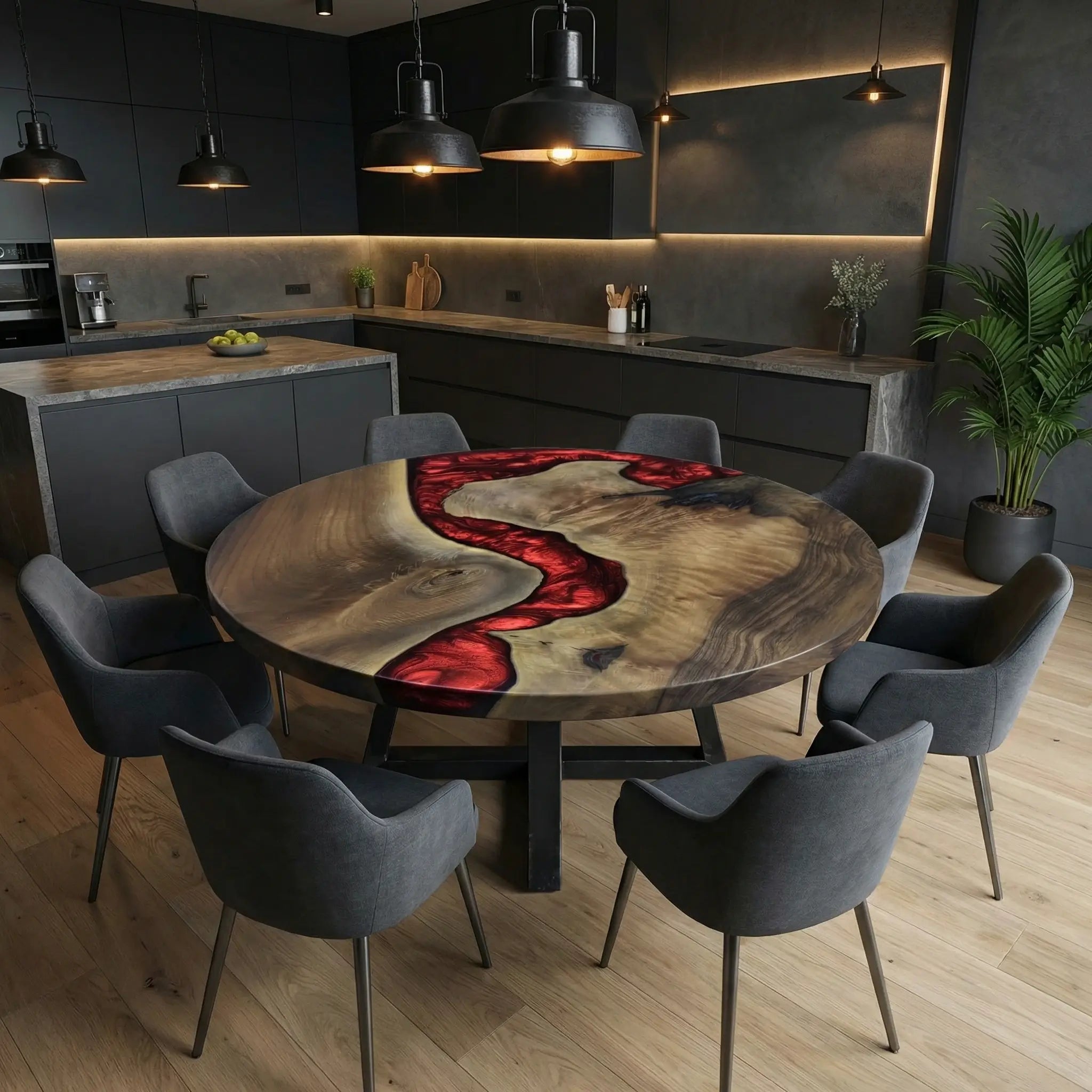 Custom Black Walnut Epoxy Resin Round Coffee Table Red Resin