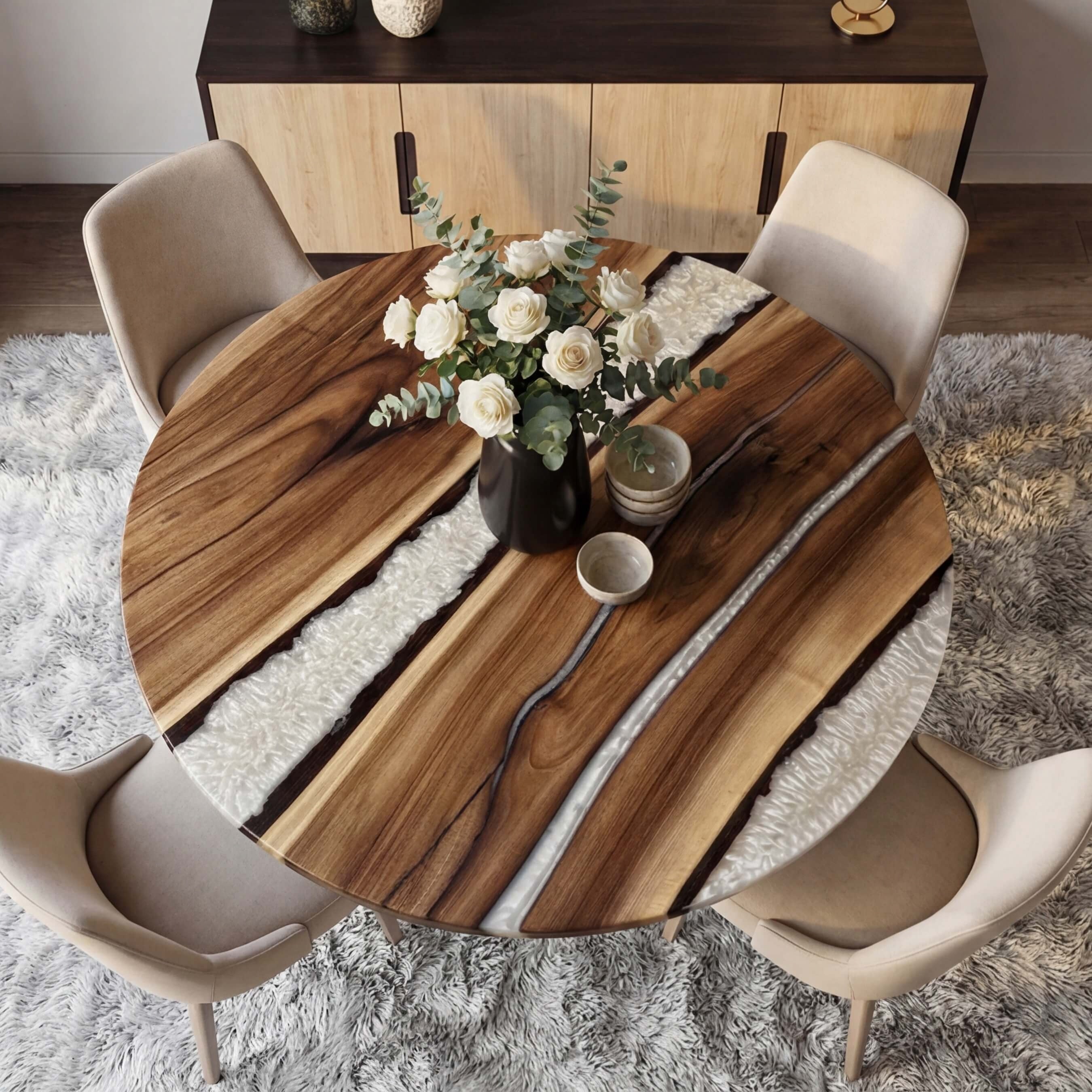 Custom Black Walnut Epoxy Resin Round Coffee Table White Resin