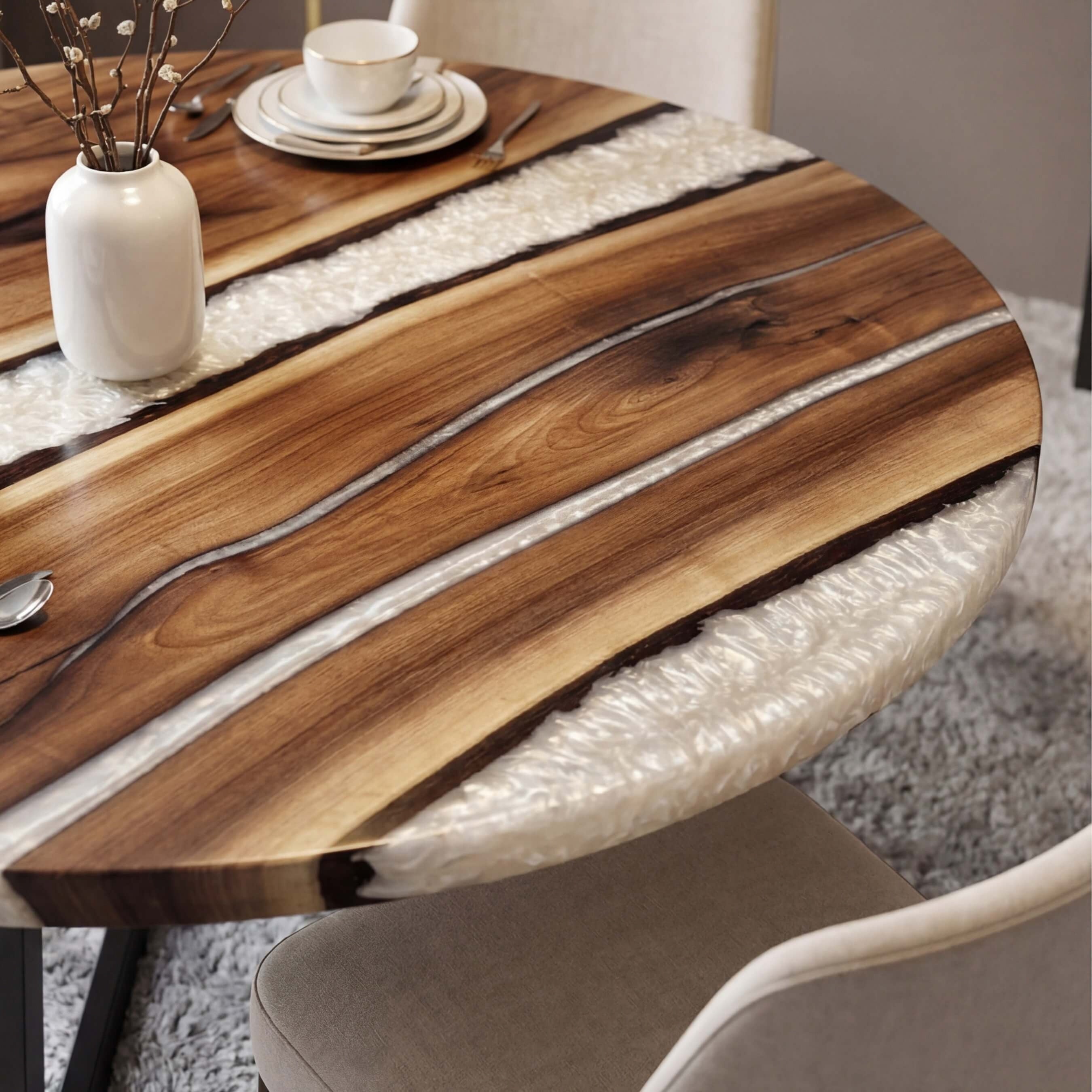 Custom Black Walnut Epoxy Resin Round Coffee Table White Resin
