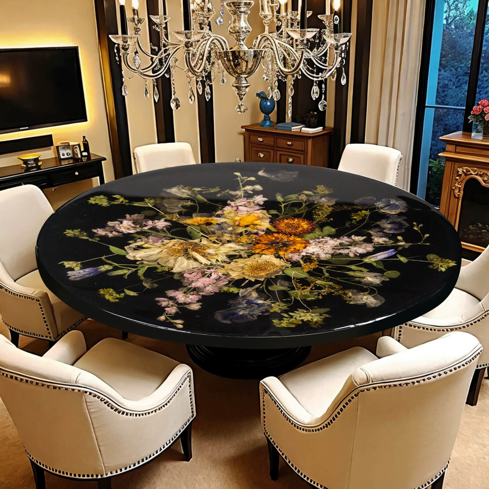 Custom Epoxy Resin Round Flower Coffee Table Black Resin