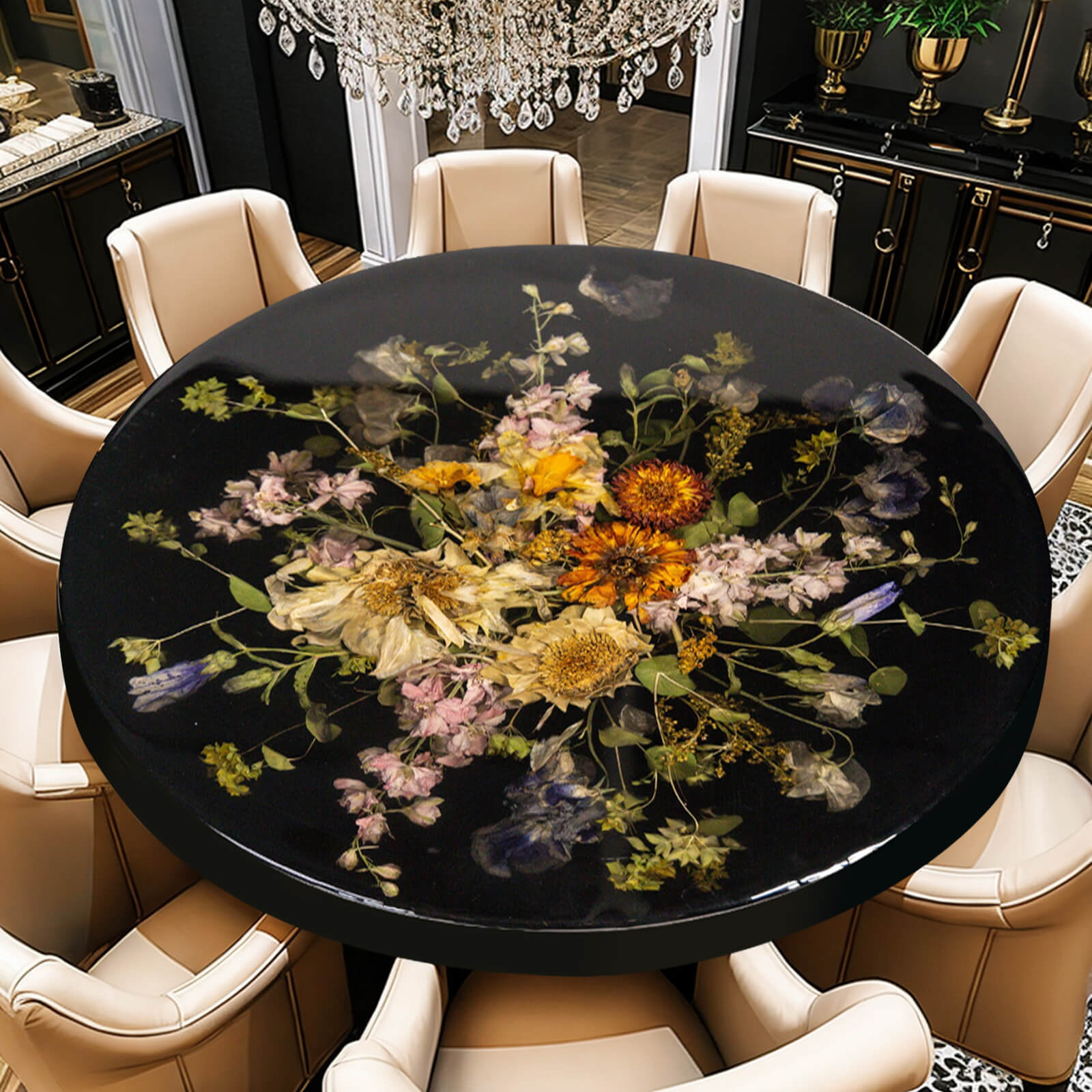 Custom Epoxy Resin Round Flower Coffee Table Black Resin