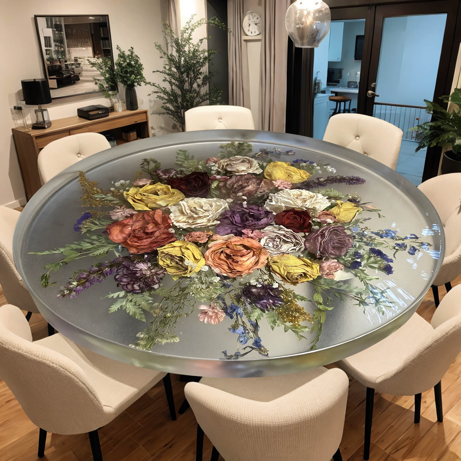 Custom Epoxy Resin Round Flower Coffee Table Transparent Resin