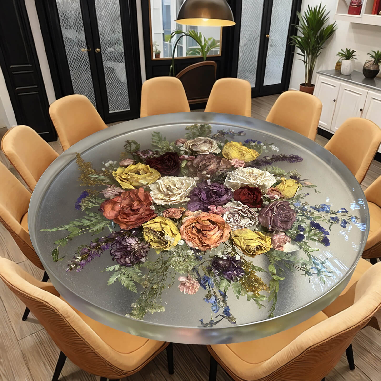 Custom Epoxy Resin Round Flower Coffee Table Transparent Resin