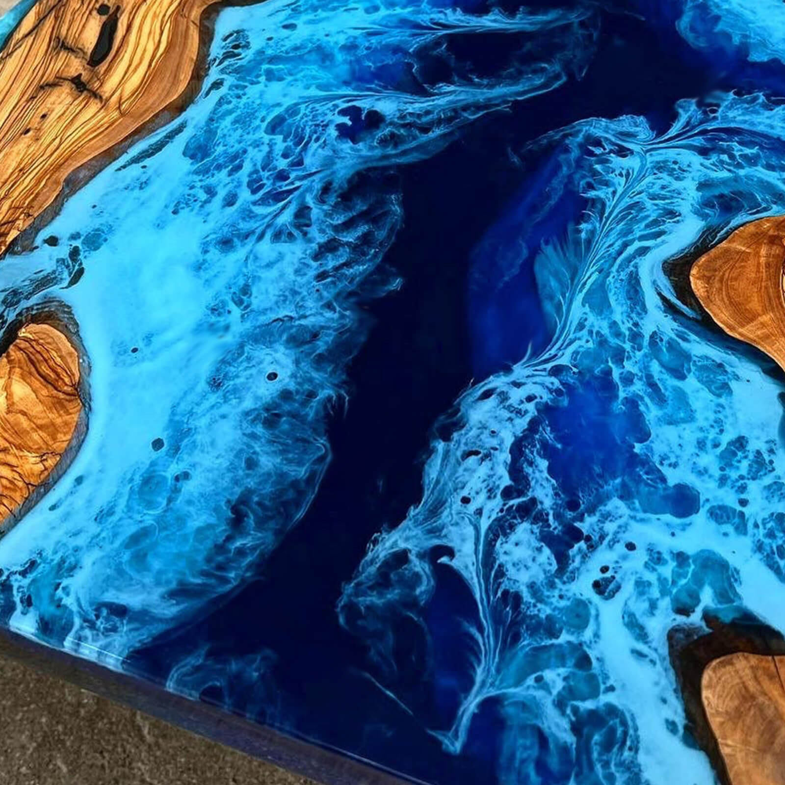 Custom Olive Epoxy Resin River Table Blue Waves ERT-38 - image 6 | ThawHome