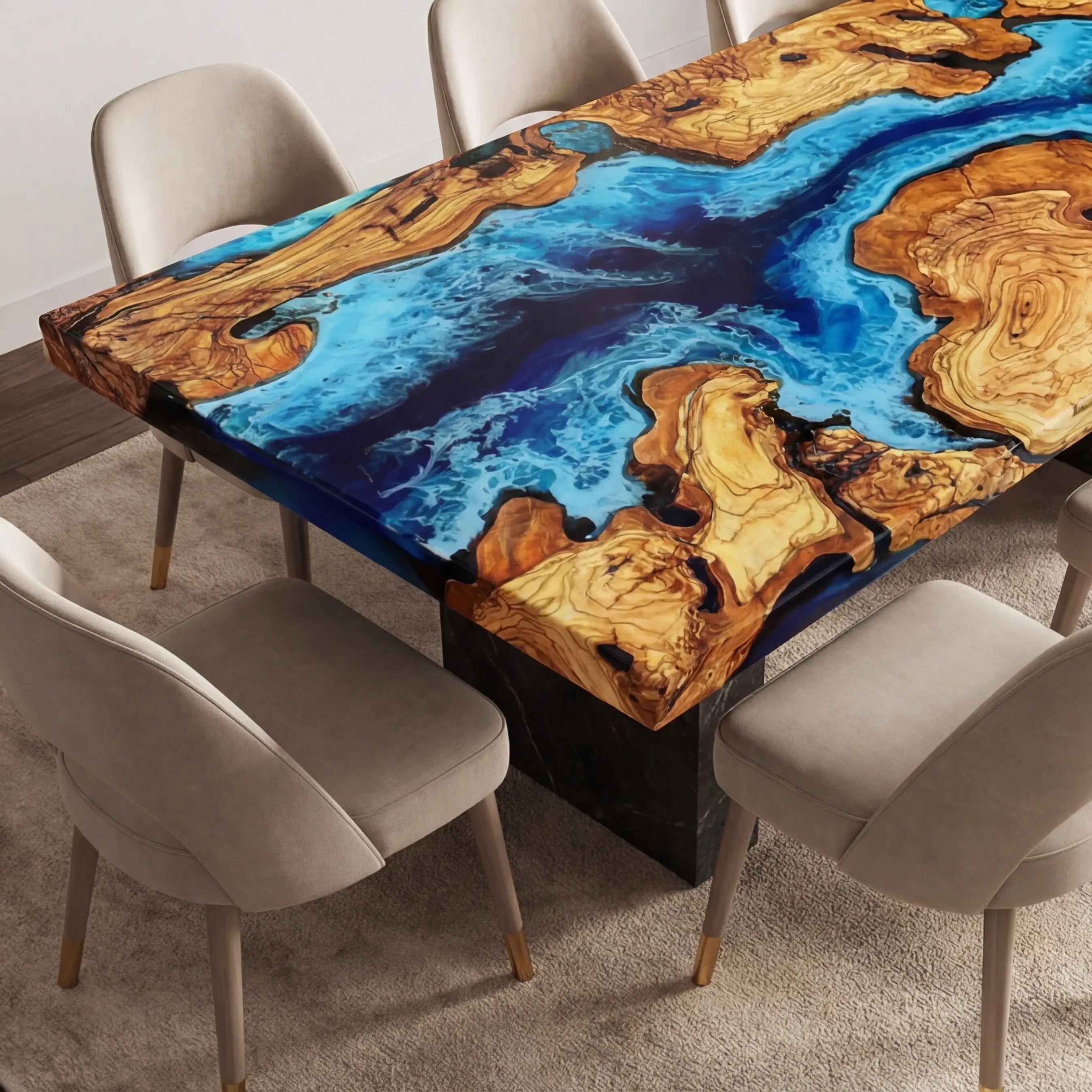 Custom Olive Epoxy Resin River Table Blue Waves ERT-38 - image 4 | ThawHome