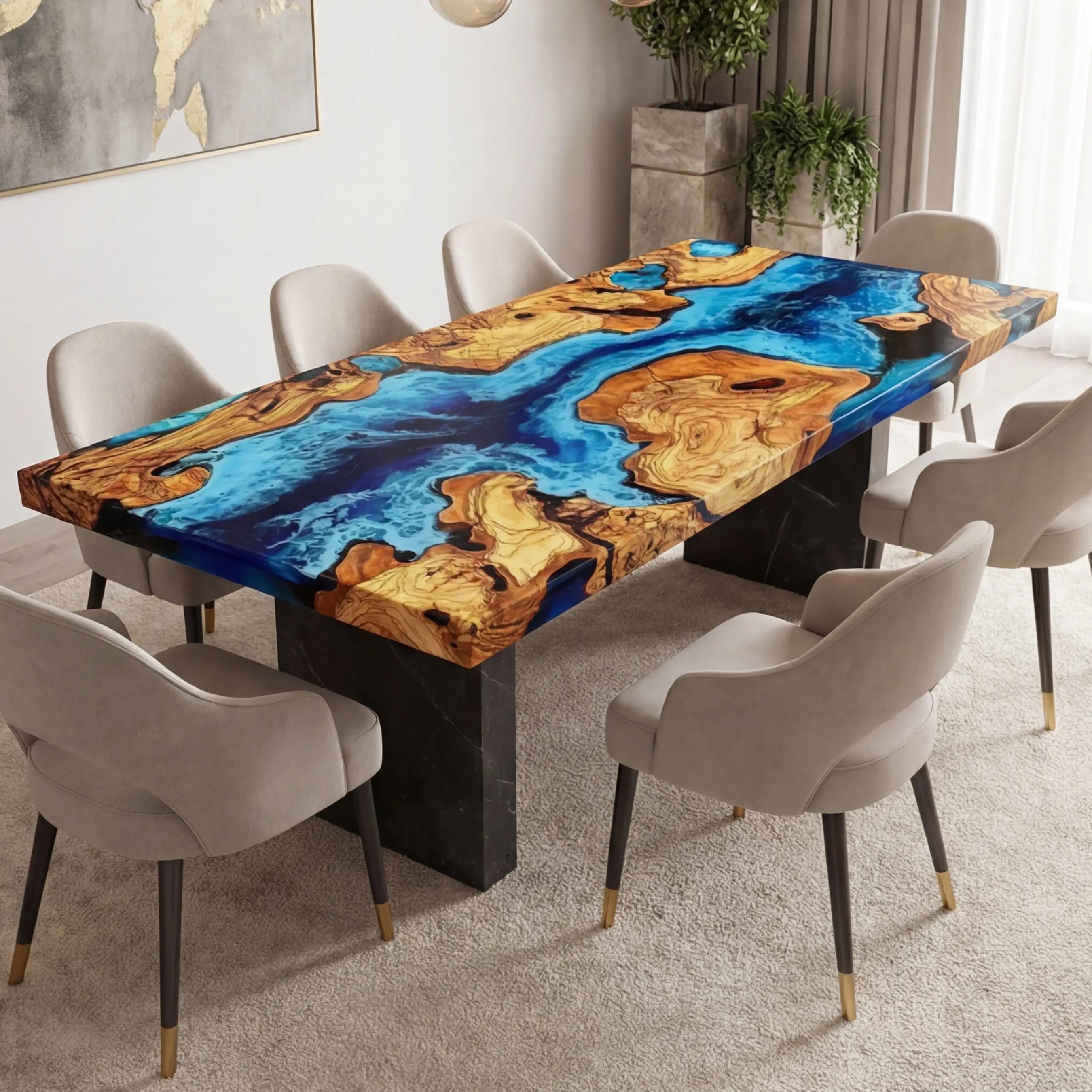 Custom Olive Epoxy Resin River Table Blue Waves ERT-38 - image 2 | ThawHome
