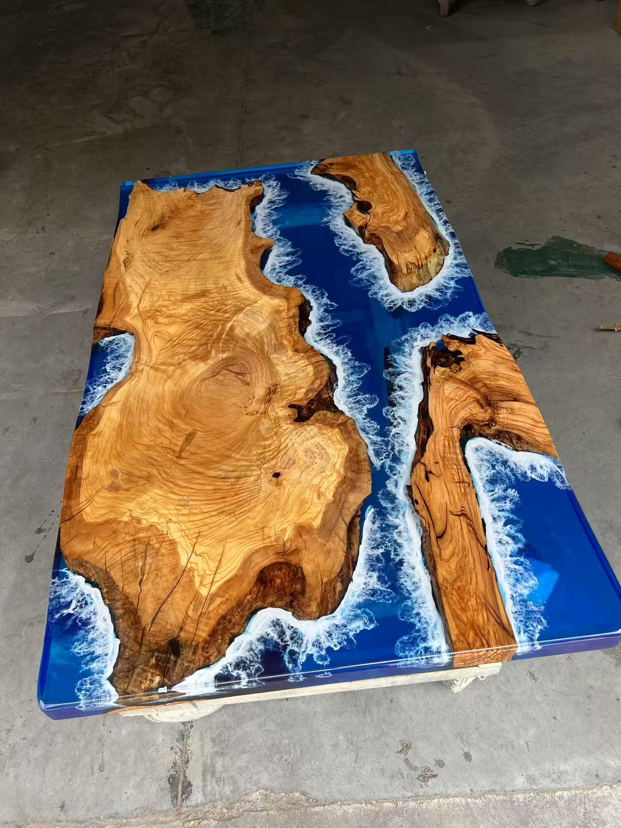 Custom Olive Epoxy Resin River Table Blue Waves ORT-27 - image 9 | ThawHome