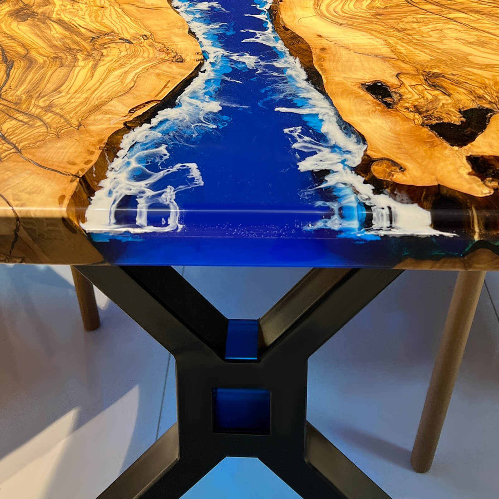 Custom Olive Epoxy Resin River Table Blue Waves ORT-27 - image 6 | ThawHome