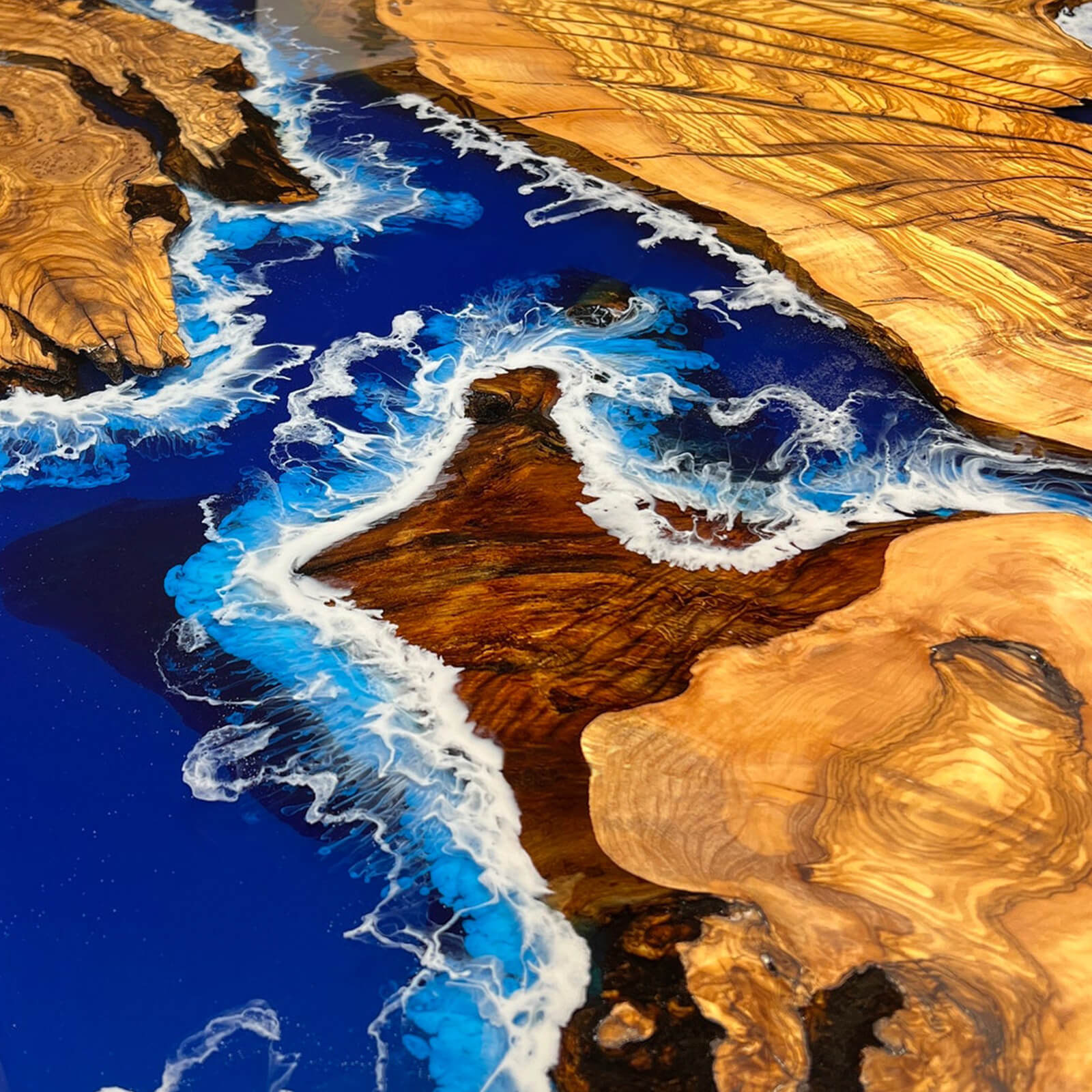 Custom Olive Epoxy Resin River Table Blue Waves ORT-27 - image 7 | ThawHome