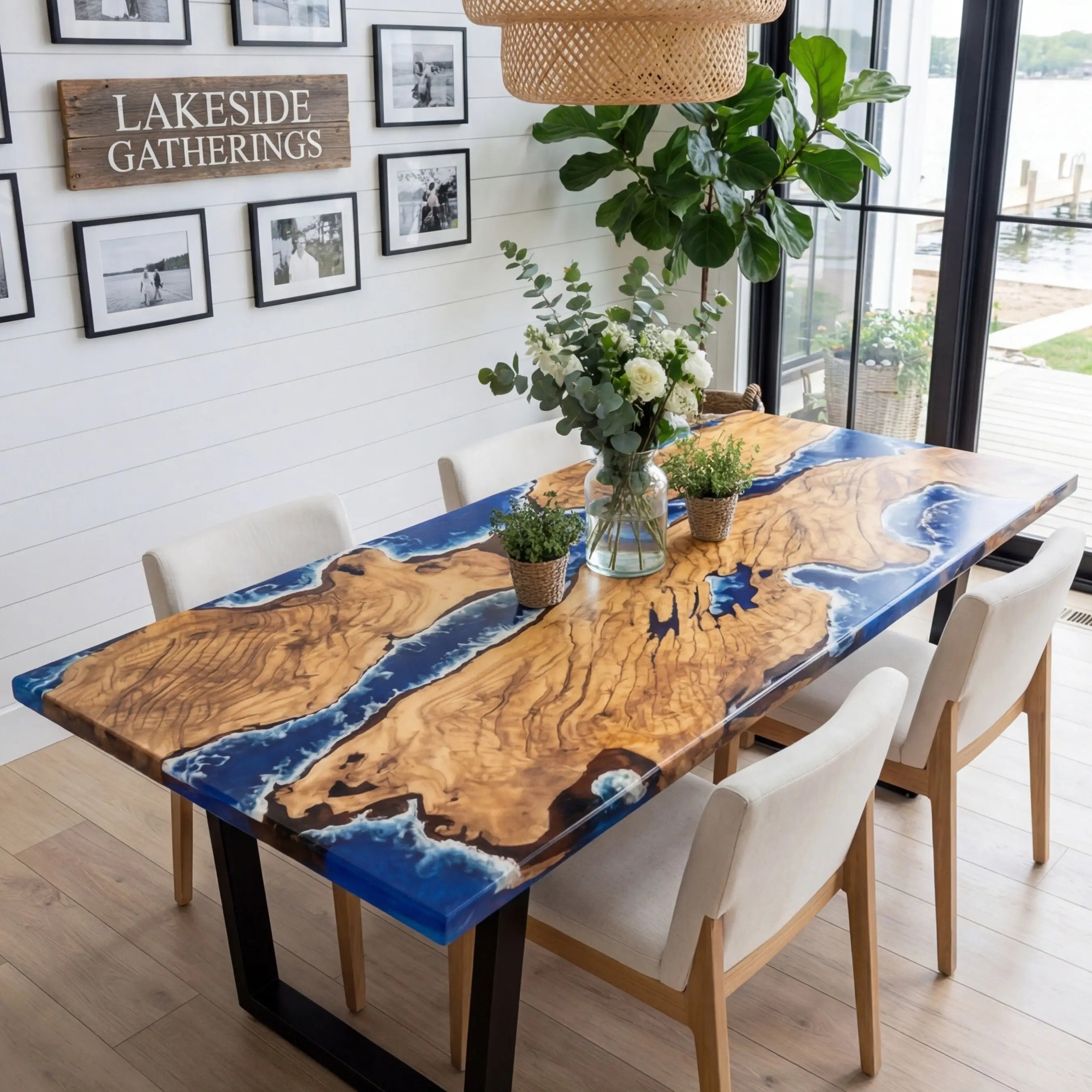 Custom Olive Epoxy Resin River Table Blue Waves ORT-27 - image 1 | ThawHome