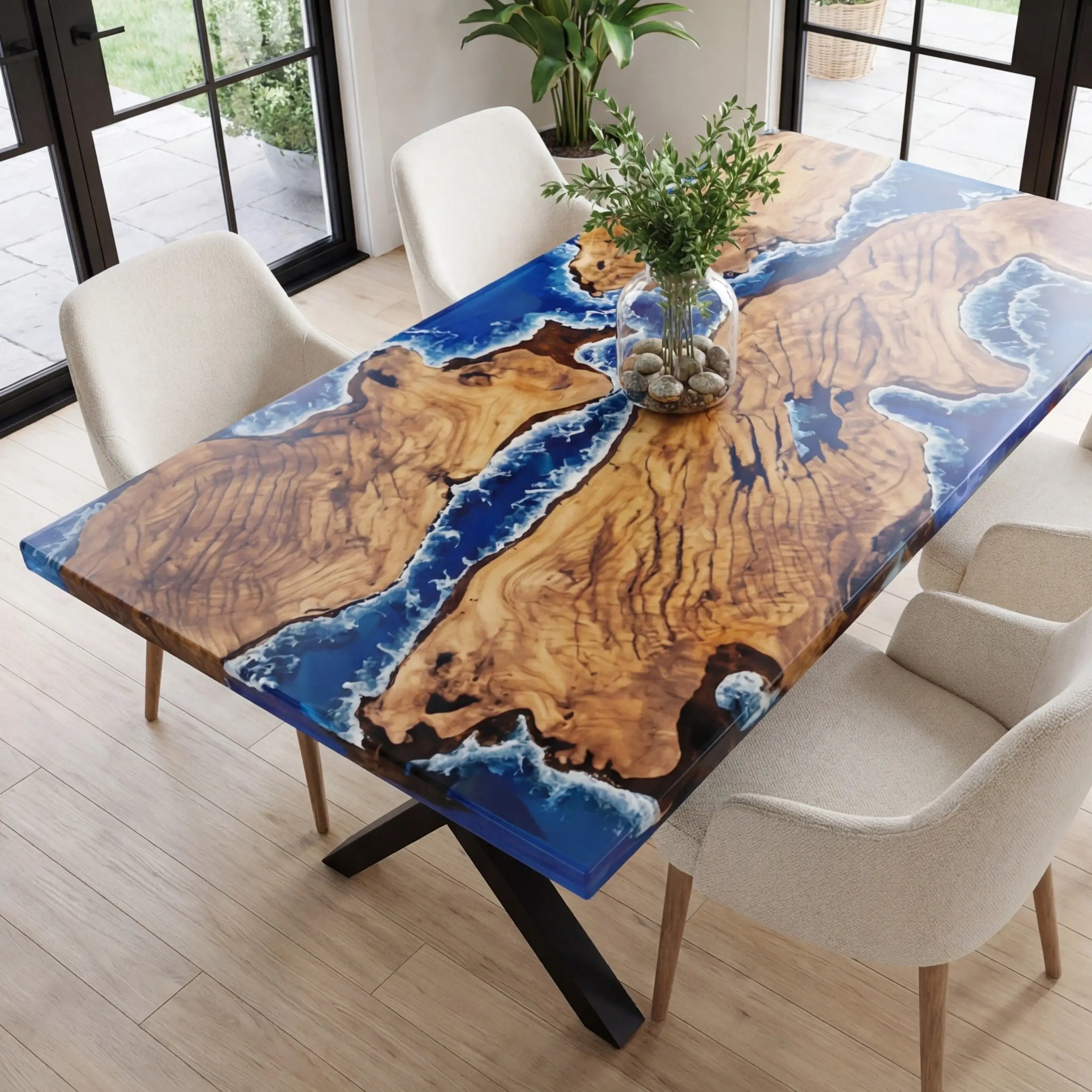 Custom Olive Epoxy Resin River Table Blue Waves ORT-27 - image 3 | ThawHome