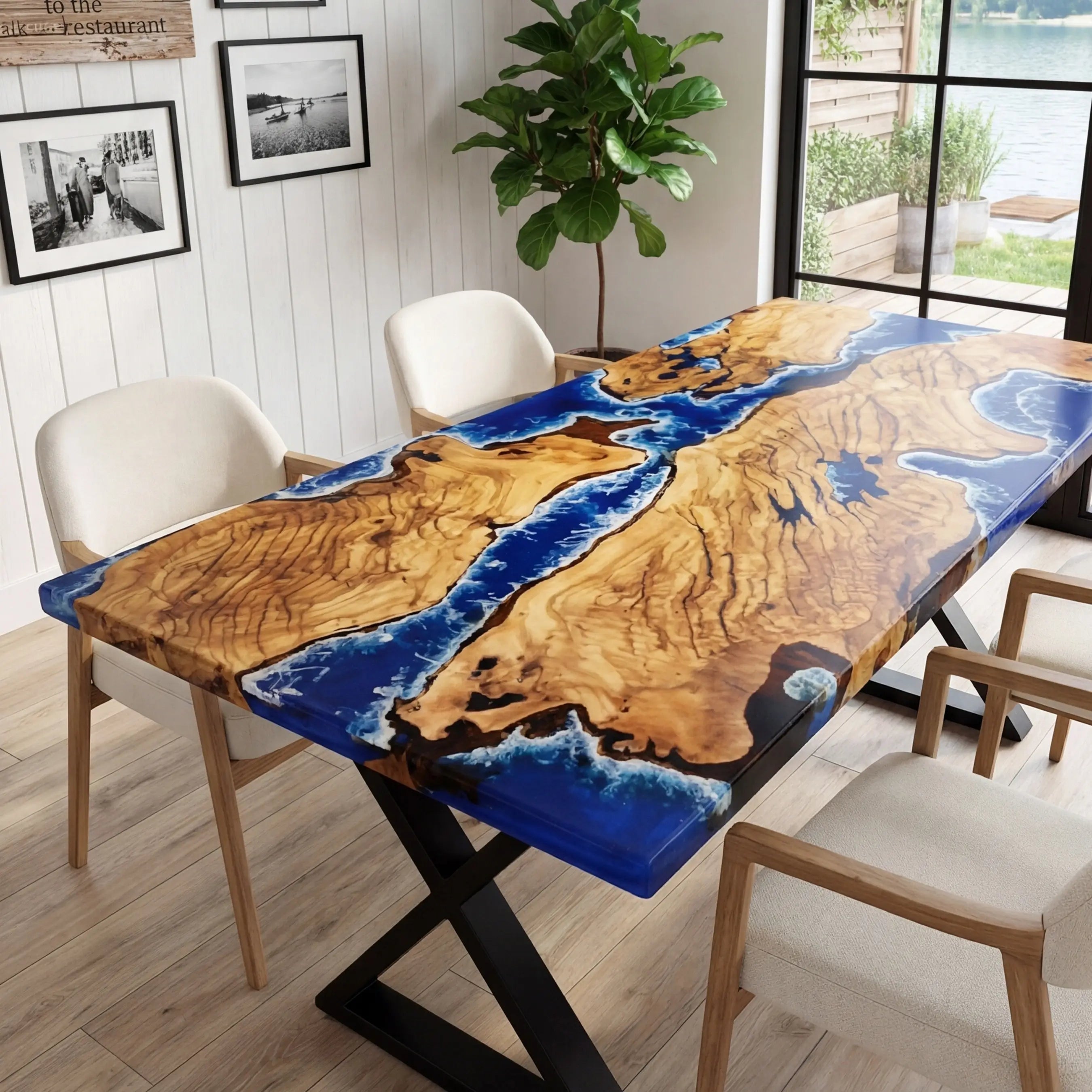 Custom Olive Epoxy Resin River Table Blue Waves ORT-27 - image 4 | ThawHome