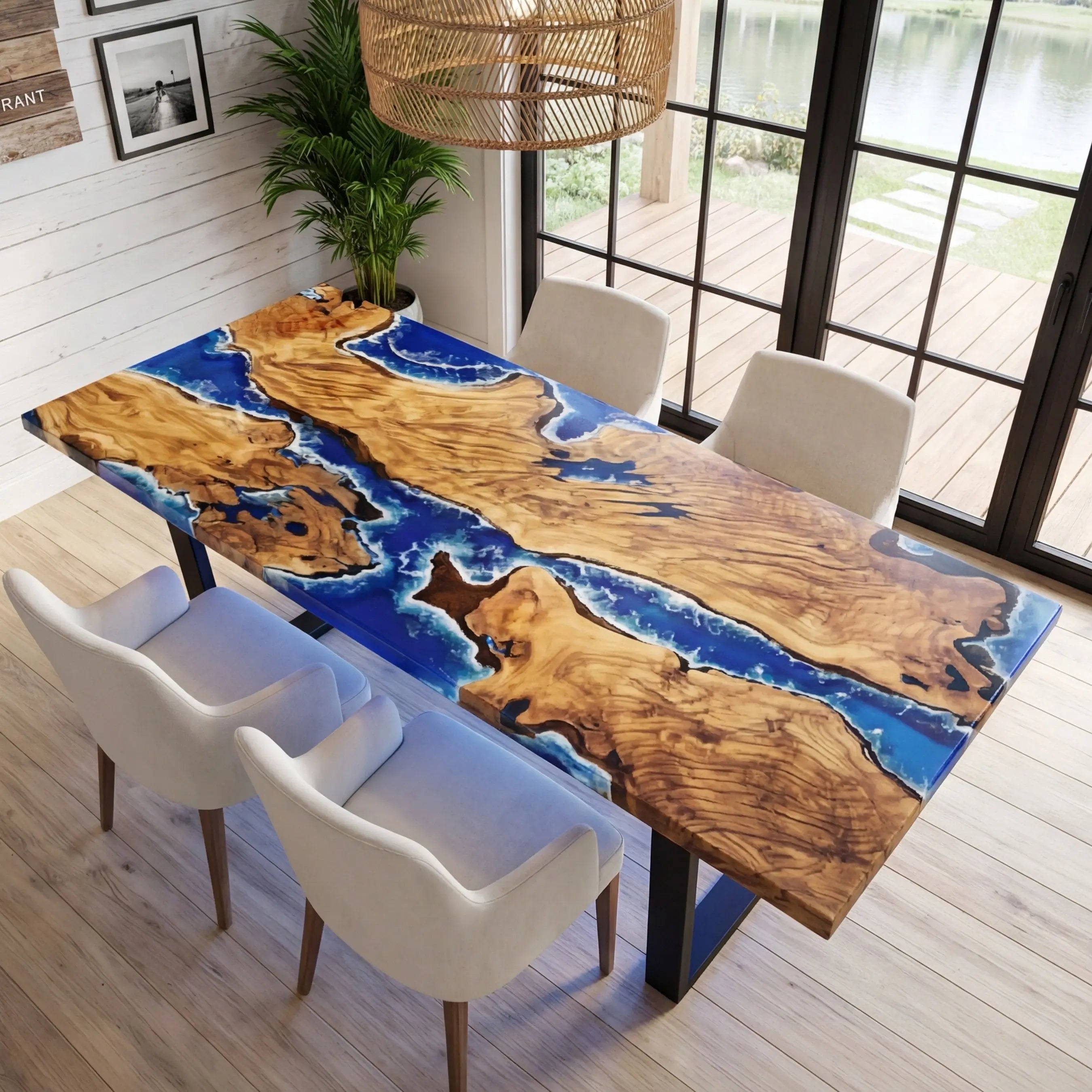 Custom Olive Epoxy Resin River Table Blue Waves ORT-27 - image 2 | ThawHome