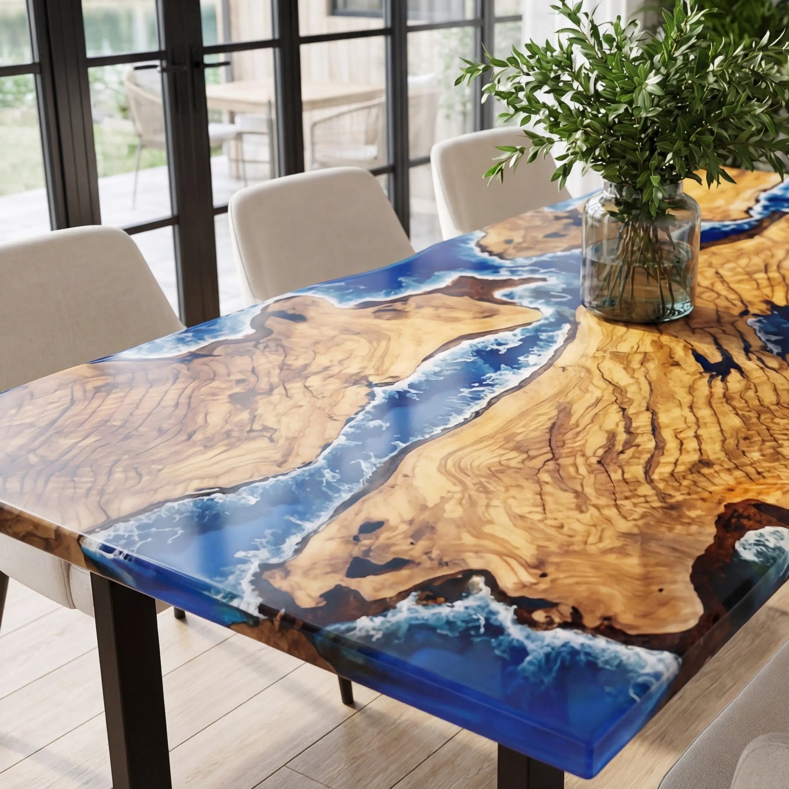 Custom Olive Epoxy Resin River Table Blue Waves ORT-27 - image 5 | ThawHome