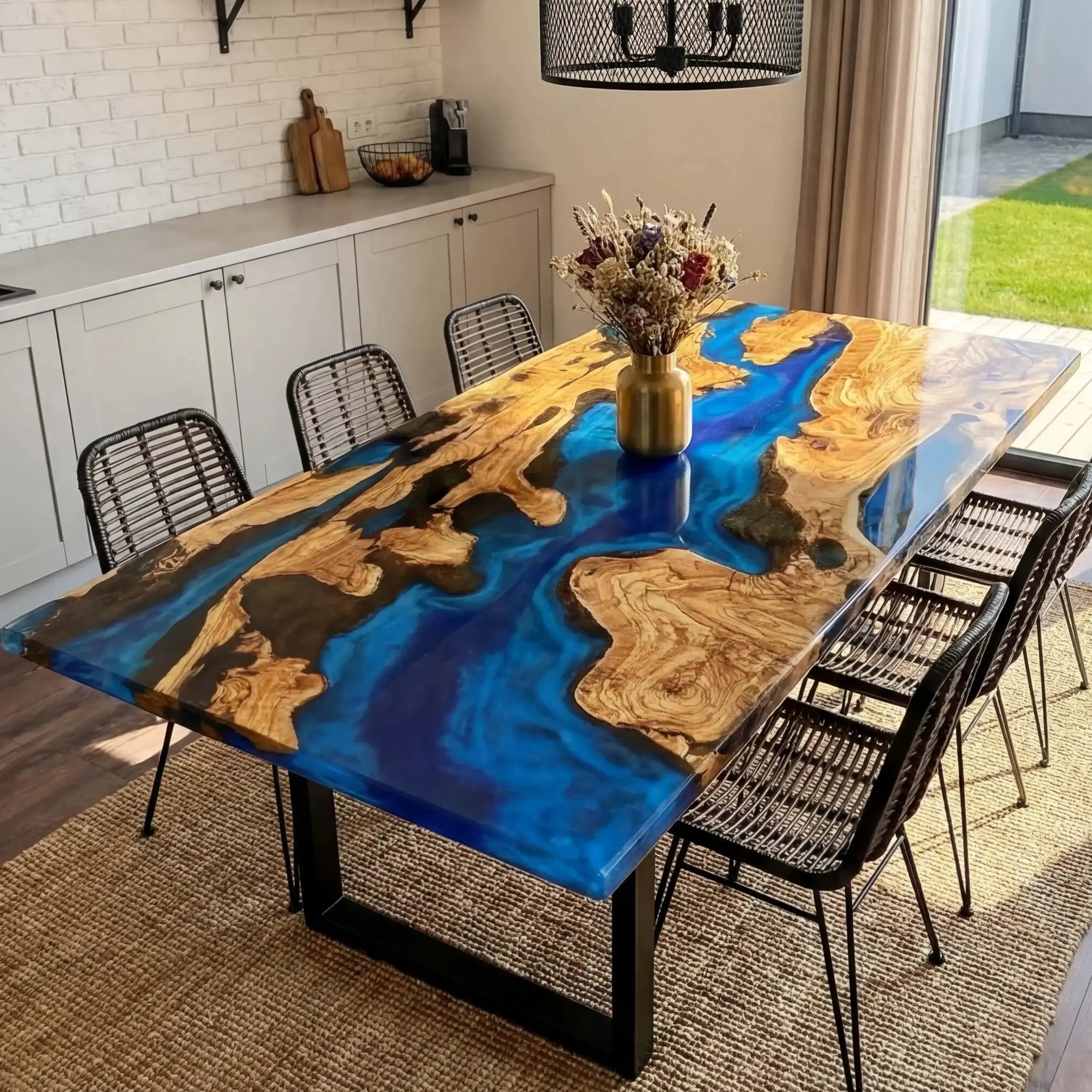 Custom Olive Epoxy Resin River Table Blue Waves RXT-82 - image 1 | ThawHome