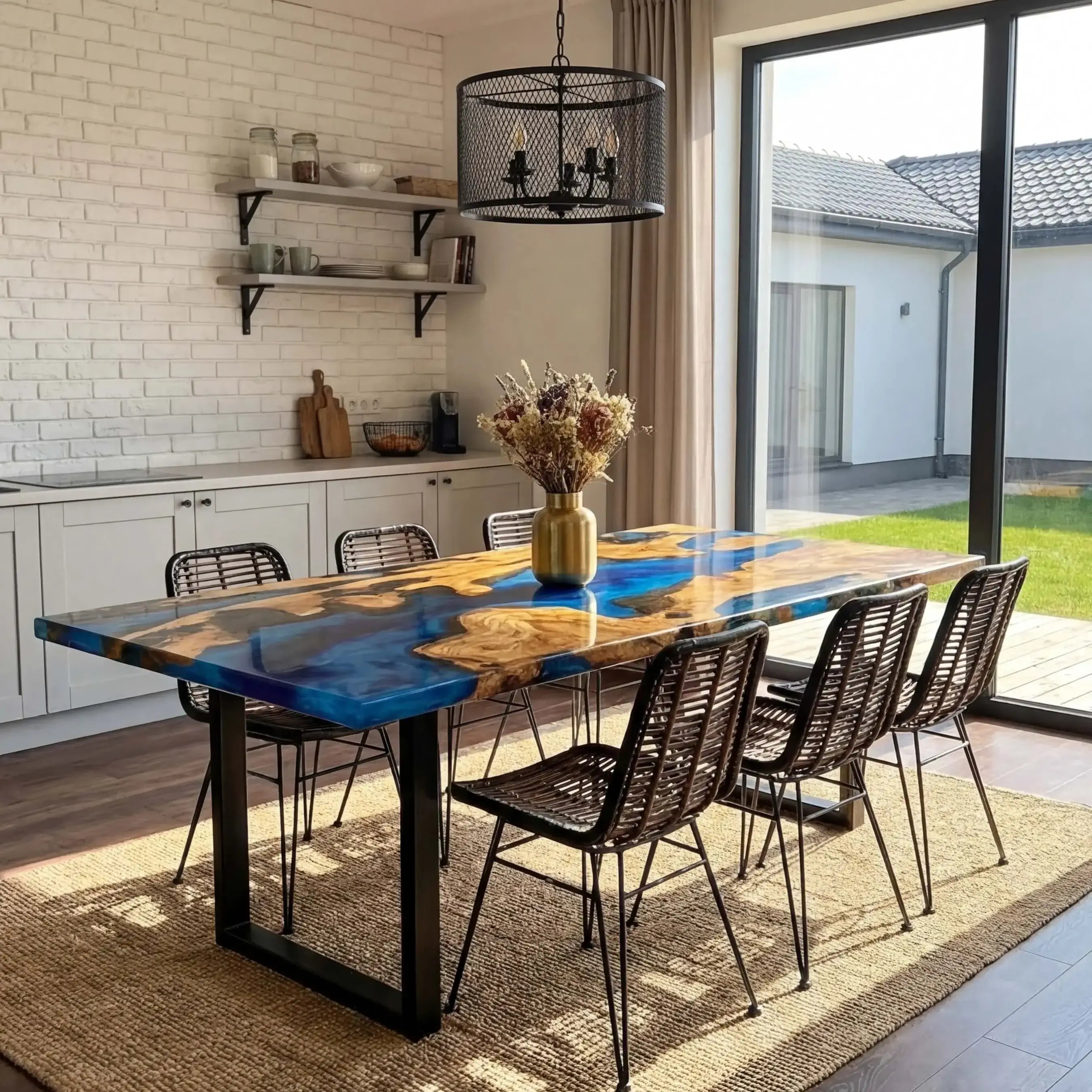 Custom Olive Epoxy Resin River Table Blue Waves RXT-82 - image 5 | ThawHome