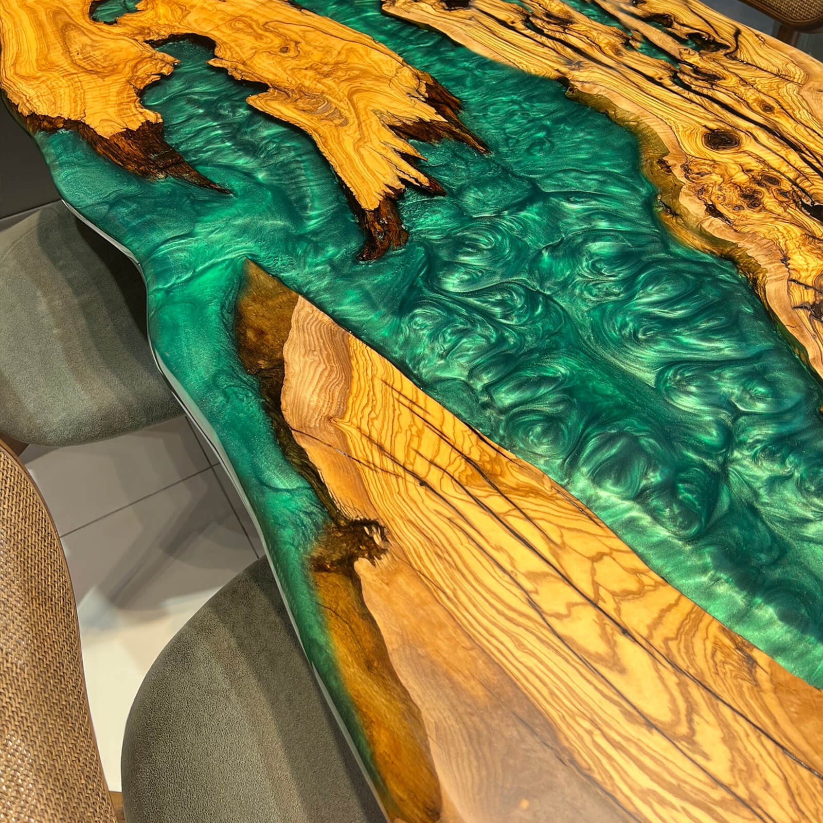 Custom Olive Epoxy Resin River Table Green Pearl CRT-56 - image 7 | ThawHome