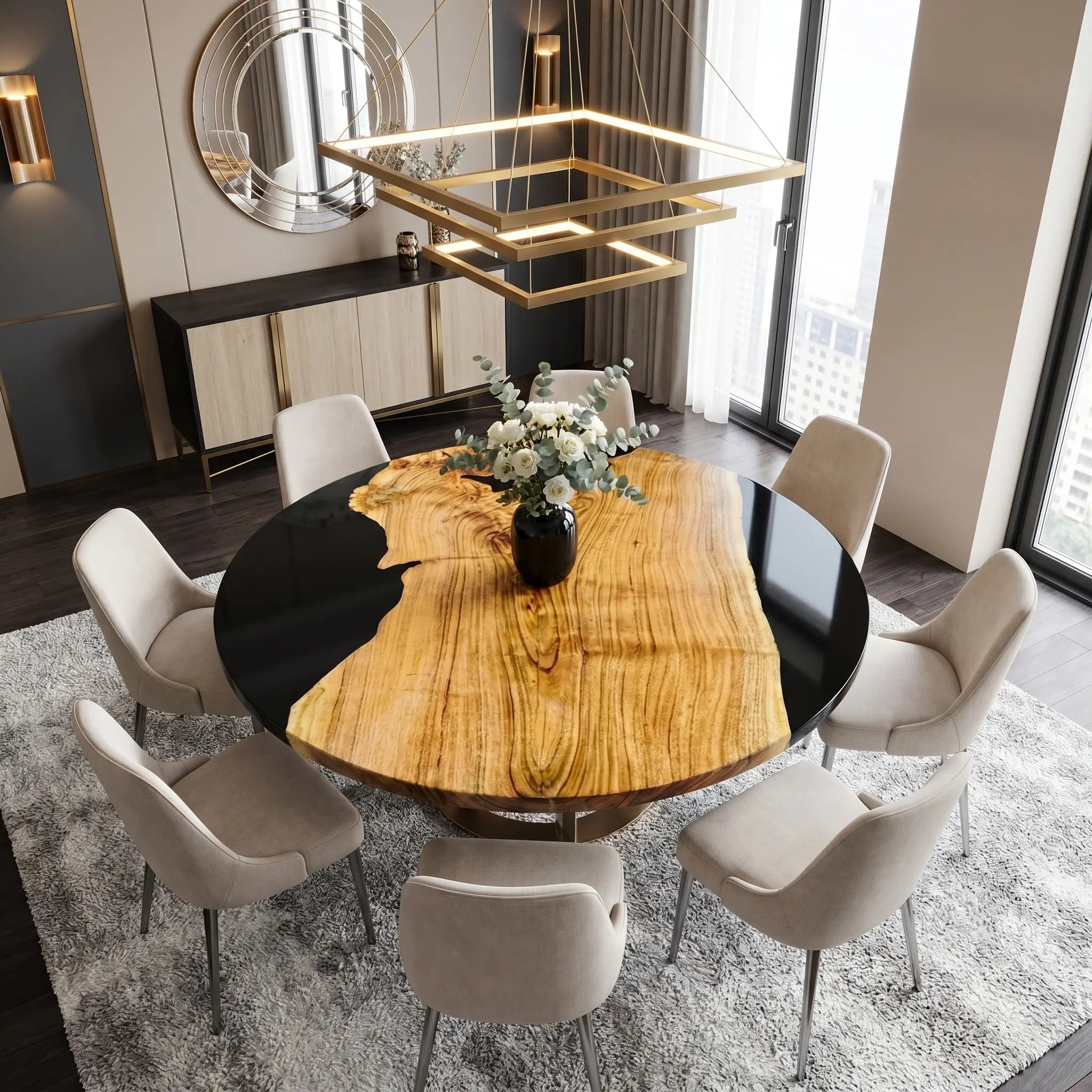 Custom Olive Epoxy Resin Round Coffee Table Black Resin