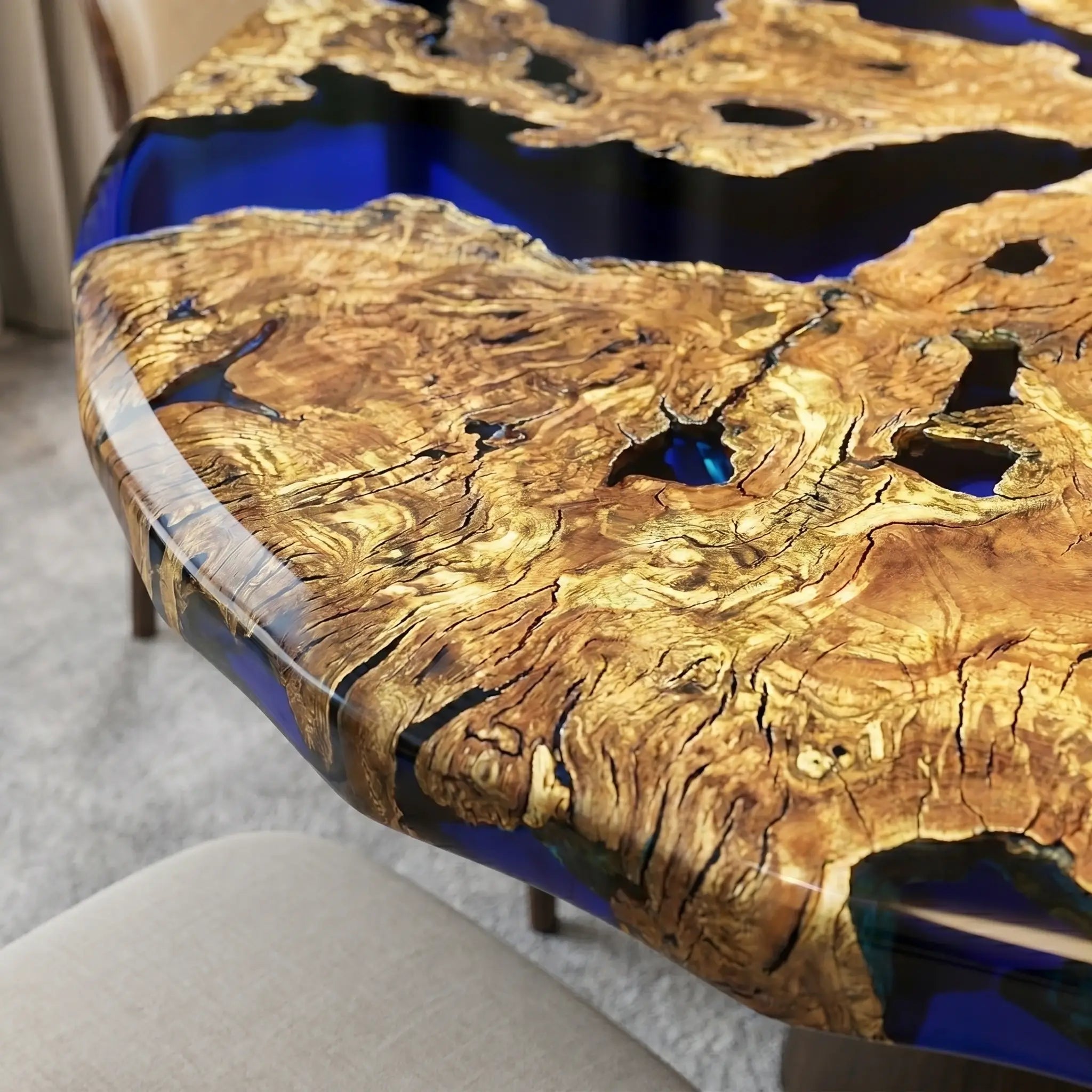 Custom Olive Epoxy Resin Round Coffee Table Blue Resin