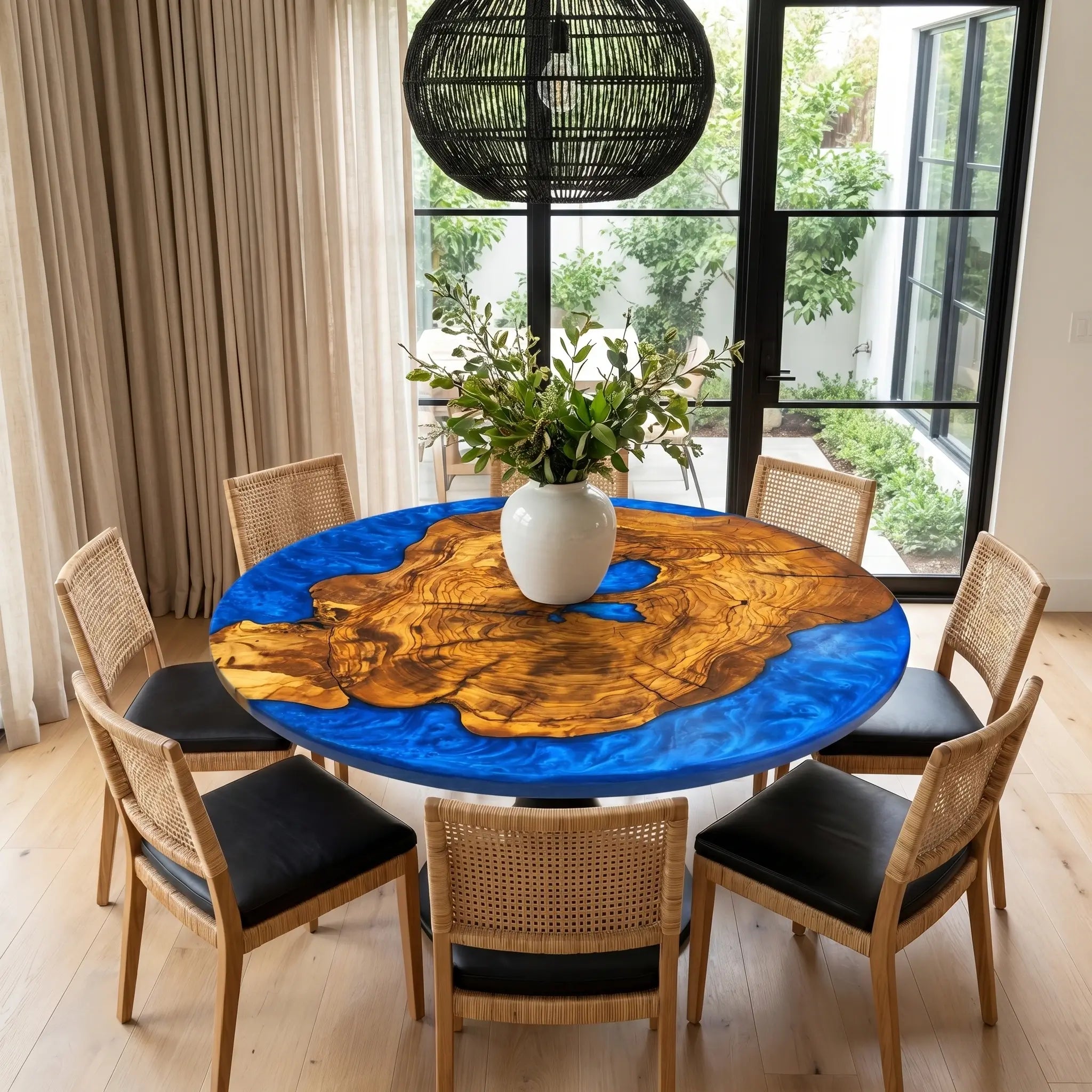 Custom Olive Epoxy Resin Round Coffee Table Blue Resin