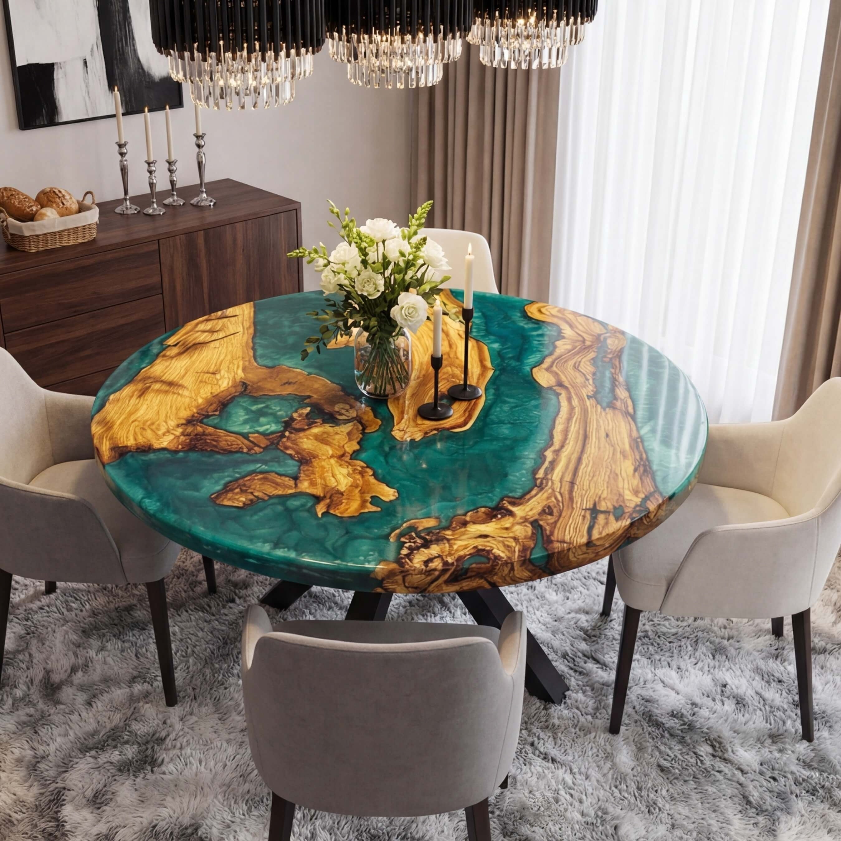 Custom Olive Epoxy Resin Round Coffee Table Blue Resin