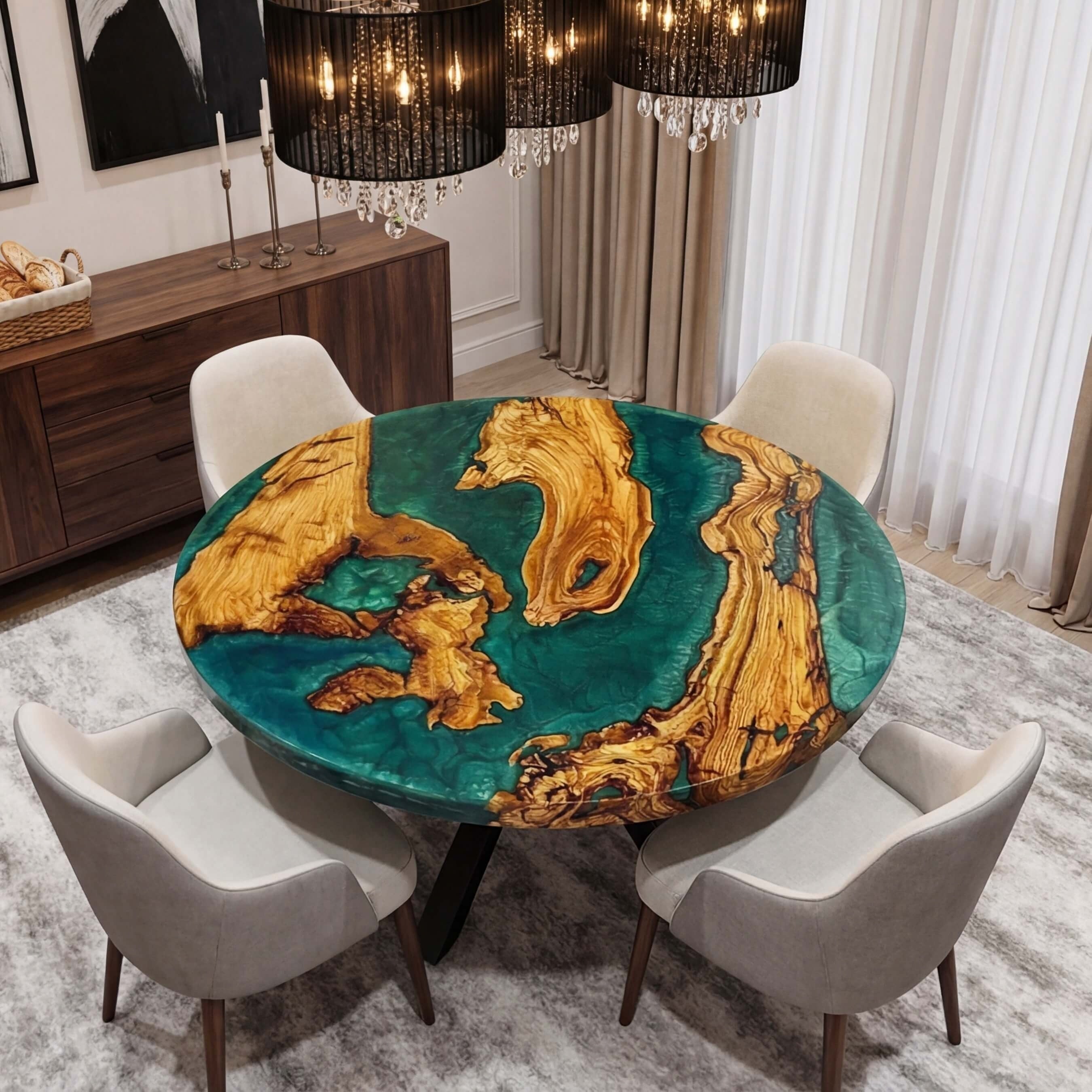 Custom Olive Epoxy Resin Round Coffee Table Blue Resin
