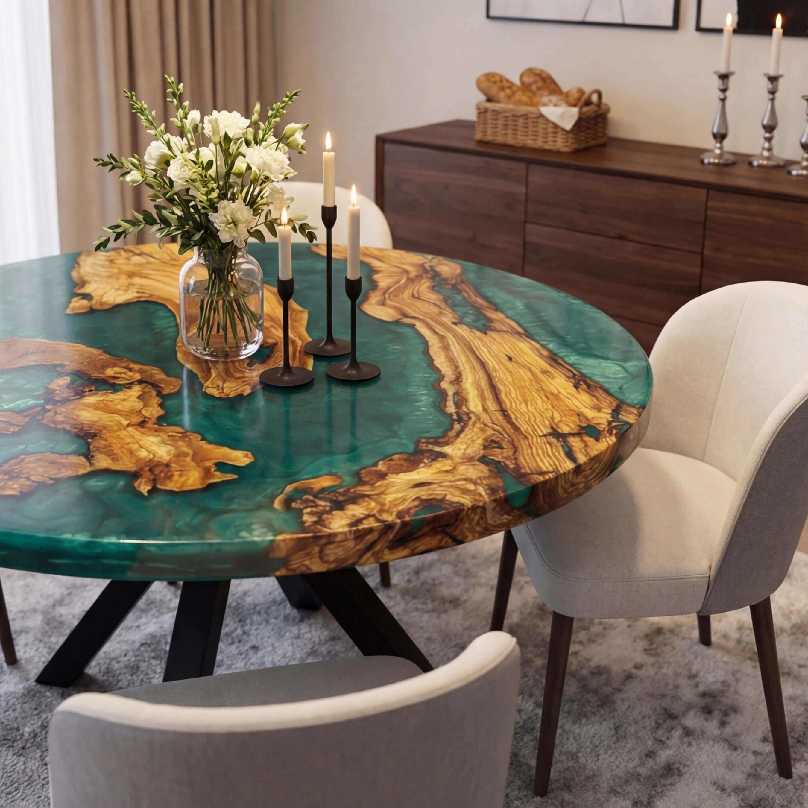 Custom Olive Epoxy Resin Round Coffee Table Blue Resin