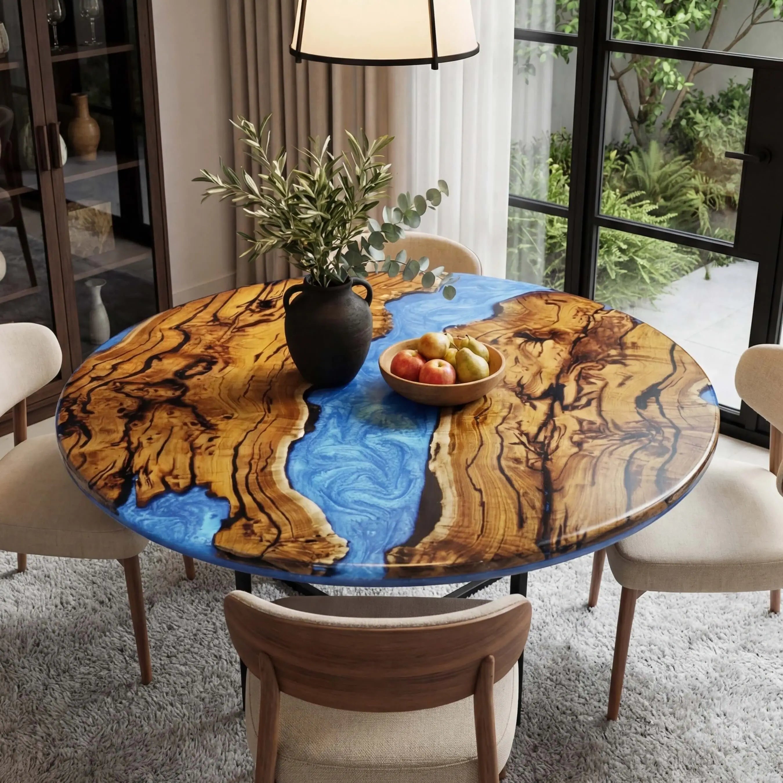 Custom Olive Epoxy Resin Round Coffee Table Blue Resin