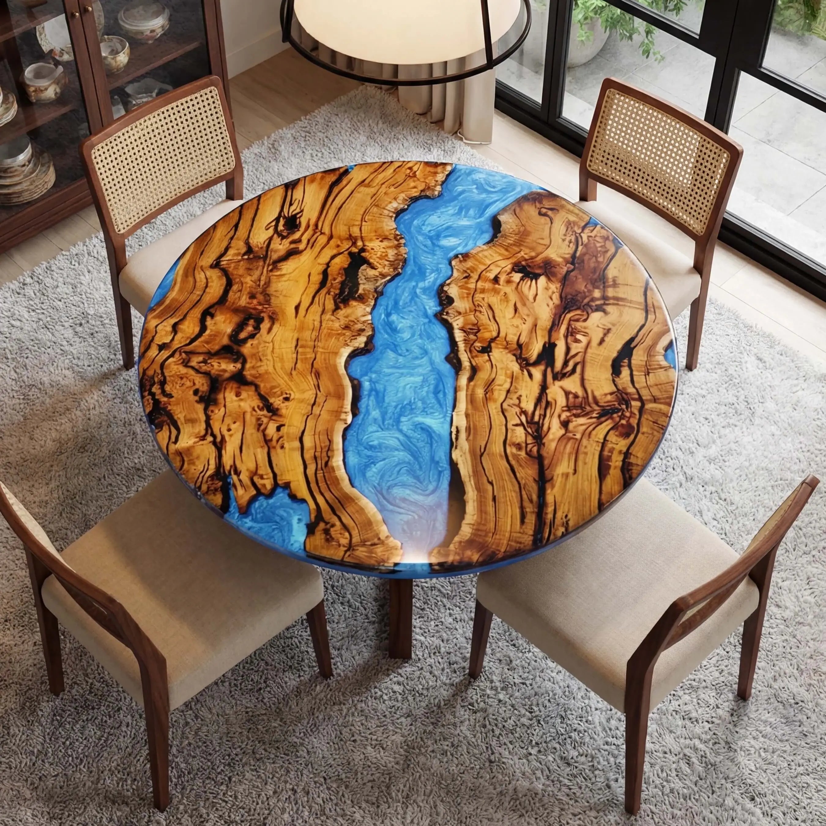 Custom Olive Epoxy Resin Round Coffee Table Blue Resin