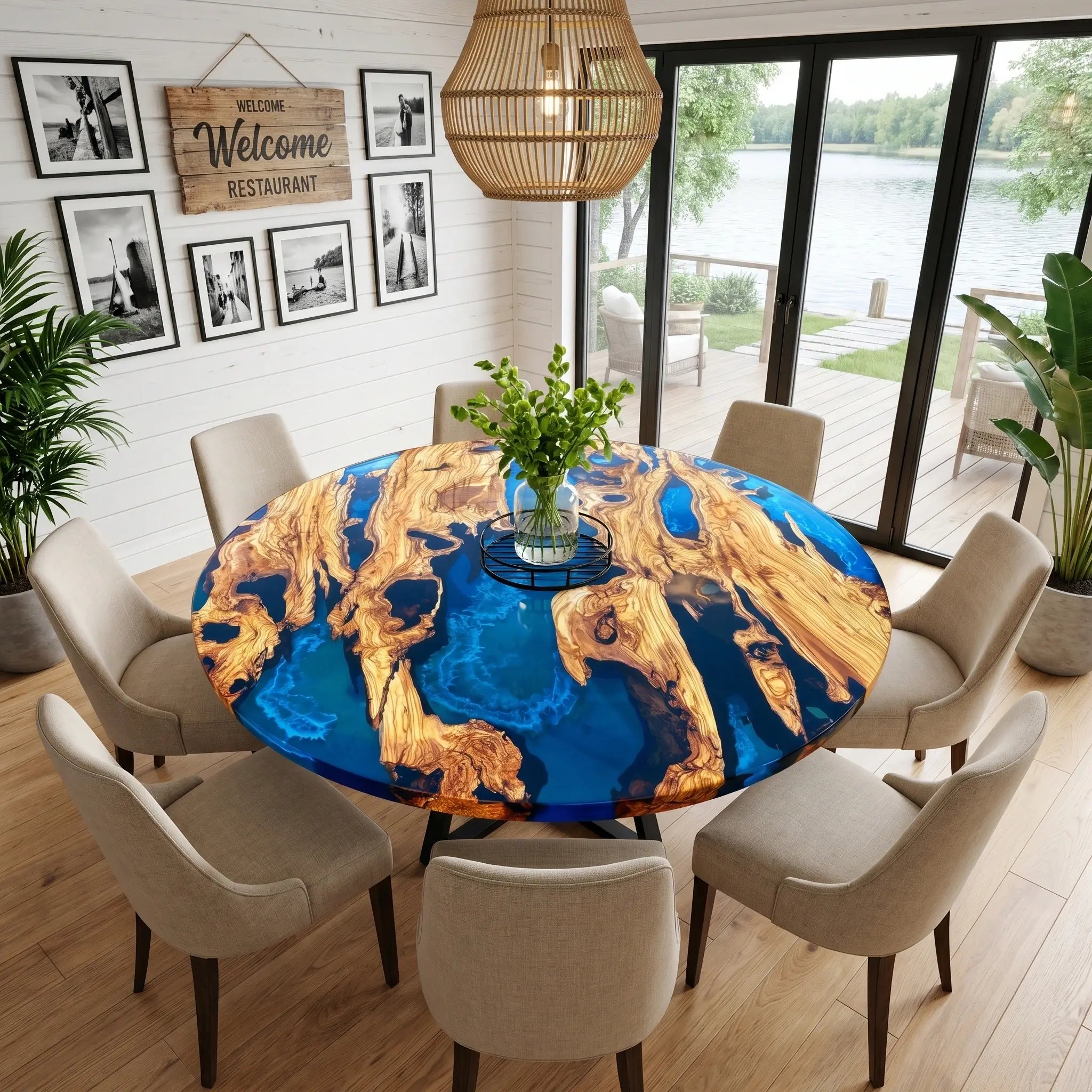 Custom Olive Epoxy Resin Round Coffee Table Blue Resin